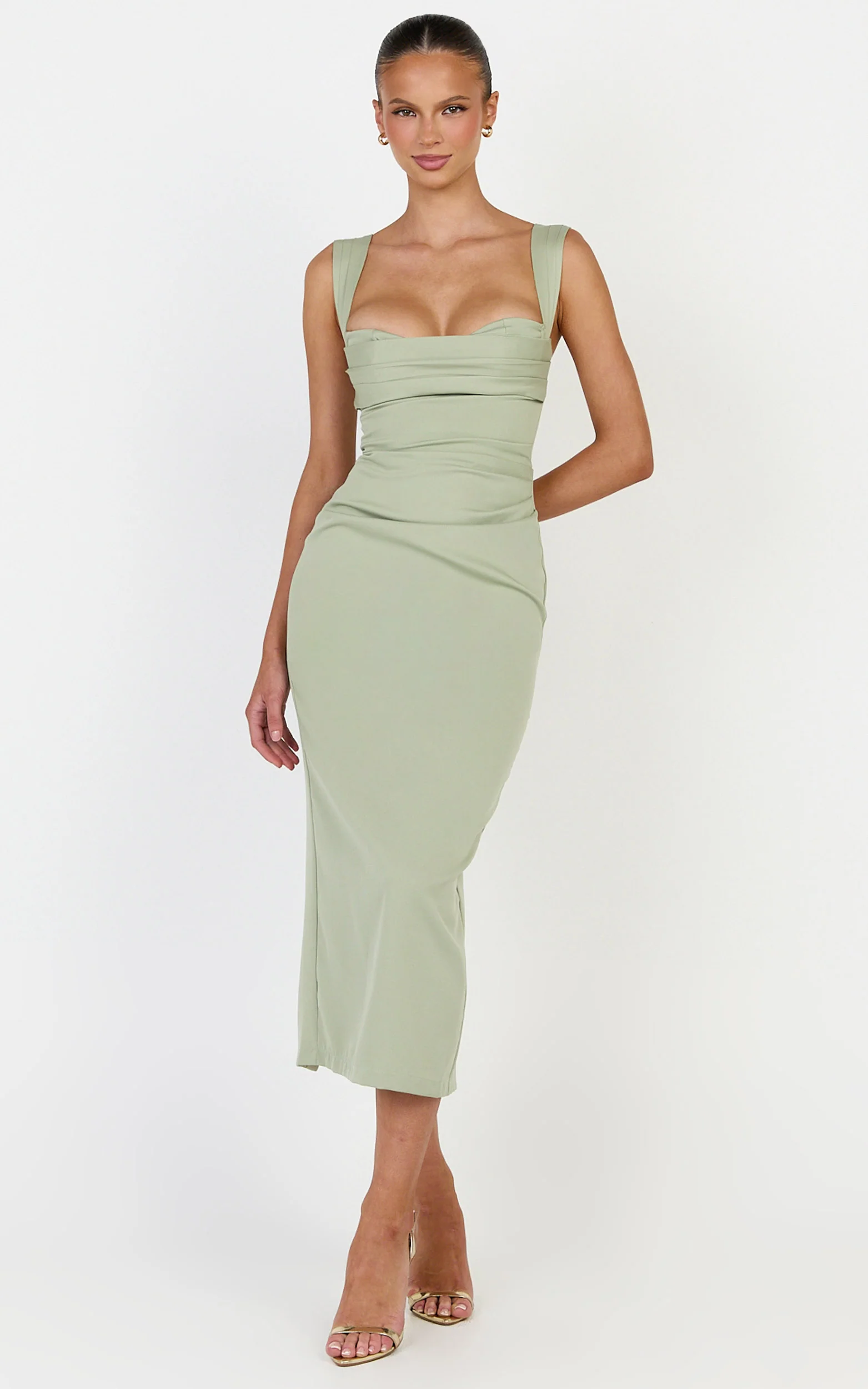 Kenna Midi Dress - Gathered Bust Tucked Waist Dress in Sage - Image 3