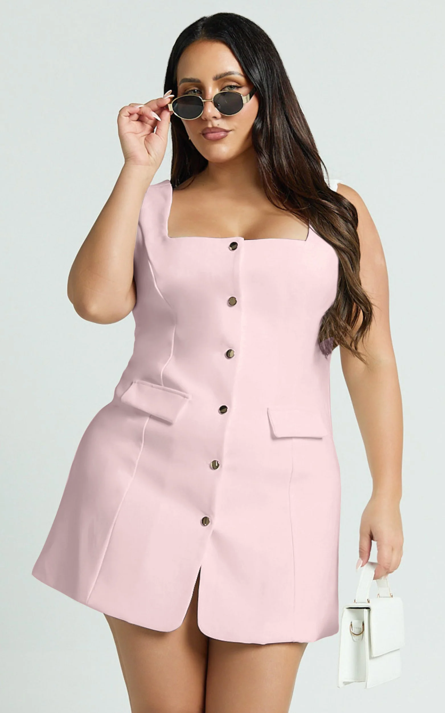 Kenna Mini Dress - Square Neck Button Down Mini Dress in Pink - Image 8