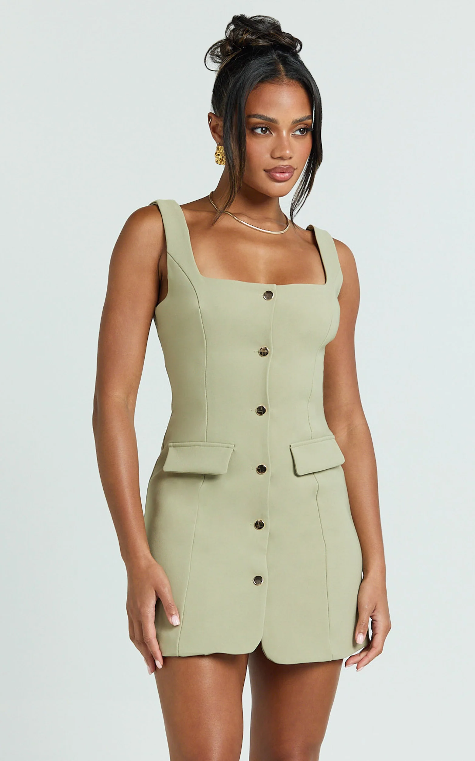 Kenna Mini Dress - Square Neck Button Down Mini Dress in Sage - Image 7