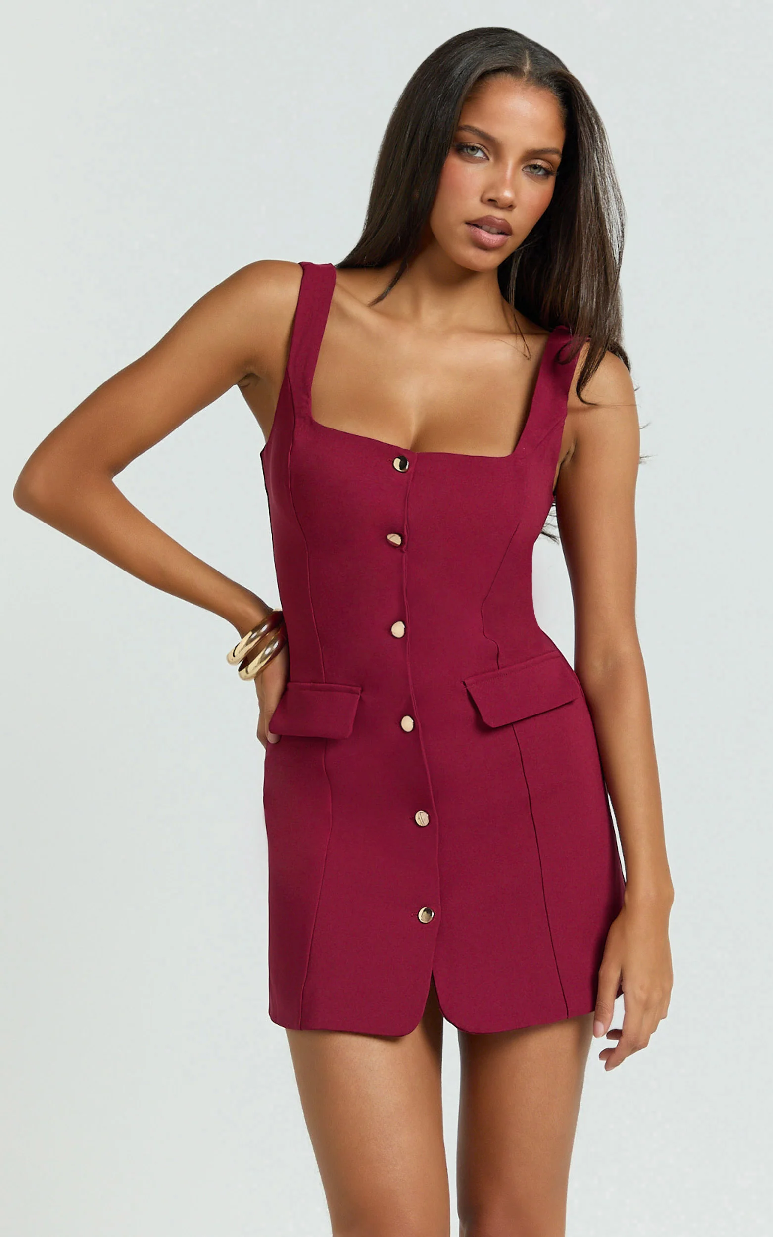 Kenna Mini Dress - Square Neck Button Down Mini Dress in Wine - Image 5