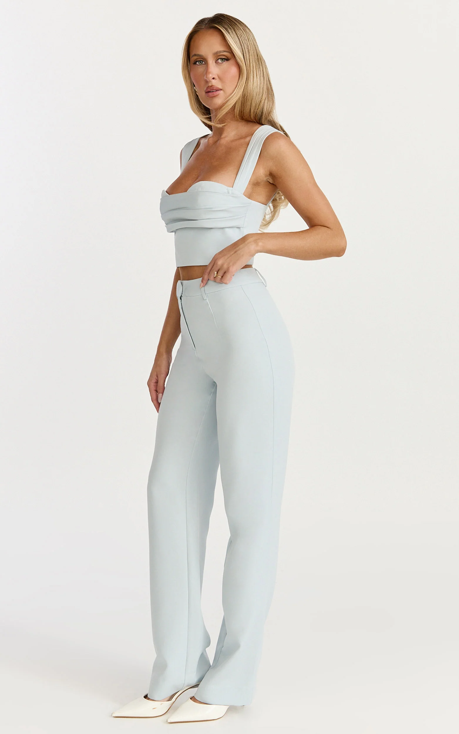 Kenna Two Piece Set - Gathered Bust Top And High Waist Straight Leg Pants Set in Baby Blue - Image 2