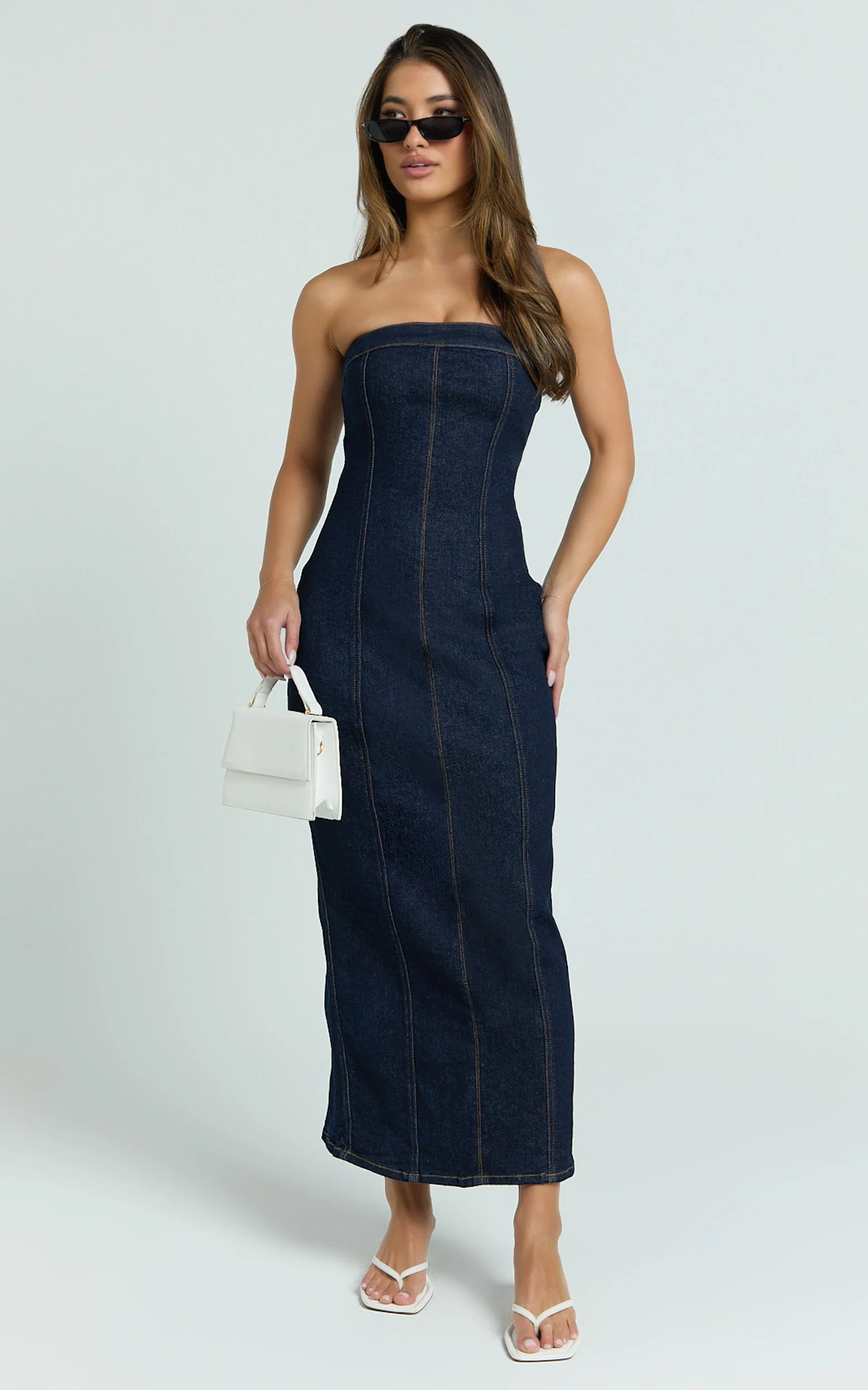 Keziah Maxi Dress - Denim Strapless Bodycon Dress in Indigo Wash - Image 3