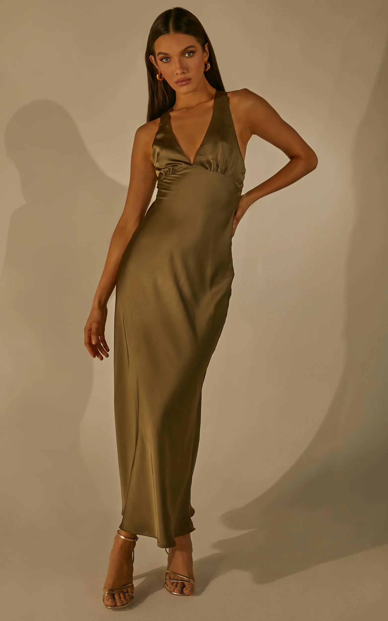 Khalani Maxi Dress - Deep V Neck Satin Slip Dress in Dark Olive - Image 2