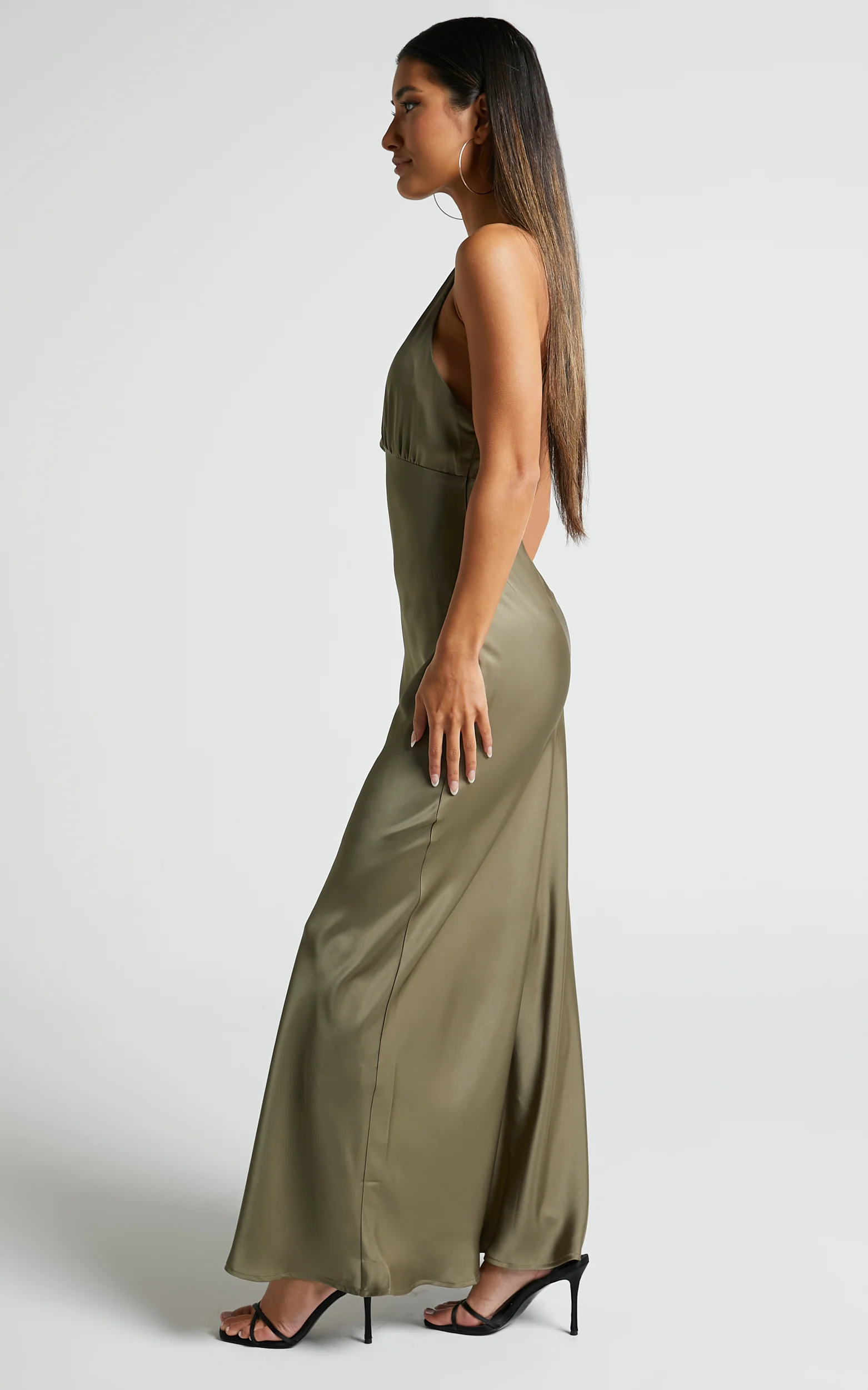 Khalani Maxi Dress - Deep V Neck Satin Slip Dress in Dark Olive - Image 3