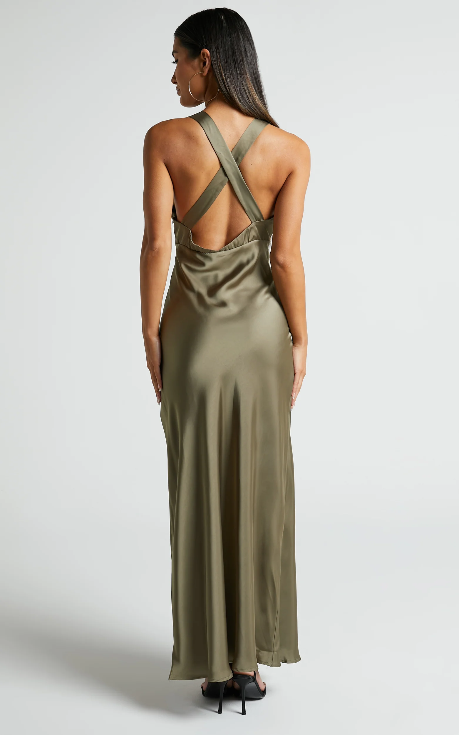 Khalani Maxi Dress - Deep V Neck Satin Slip Dress in Dark Olive - Image 5