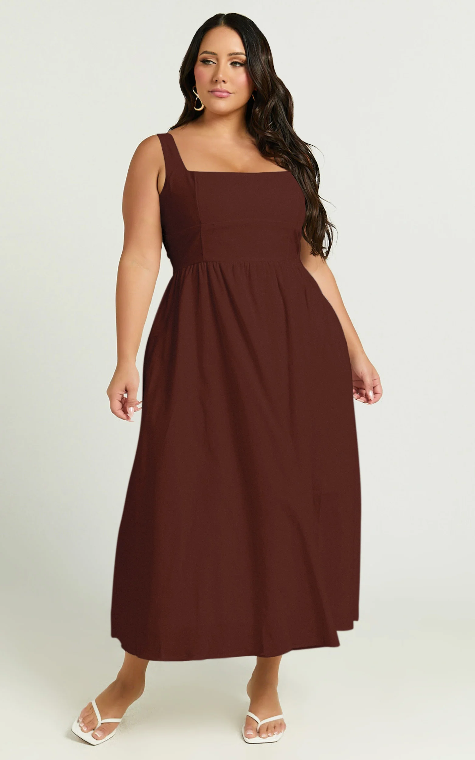 Khari Midi Dress - Linen Look Square A Line Dress in Chocolate - Image 3