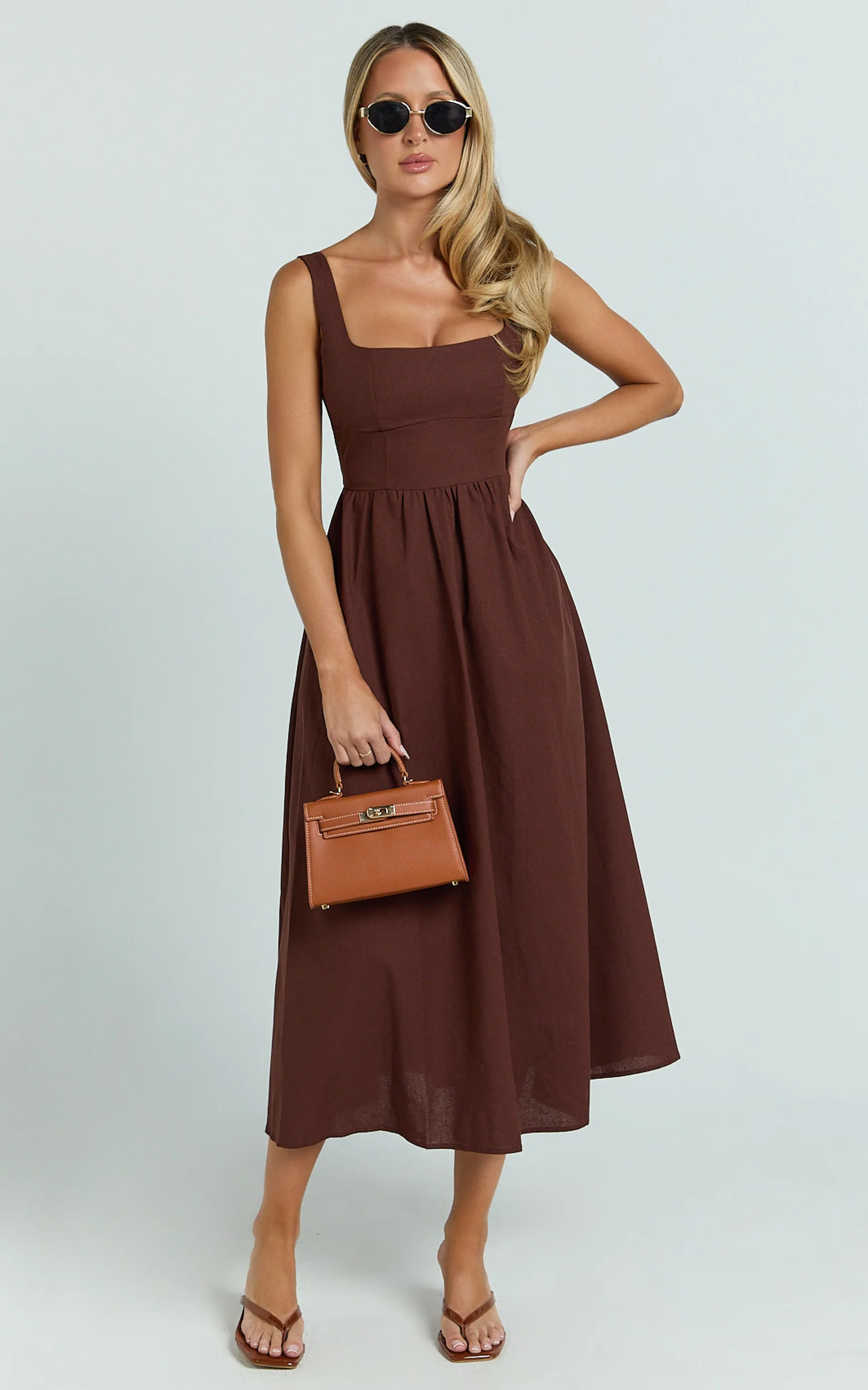 Khari Midi Dress - Linen Look Square A Line Dress in Chocolate - Image 4