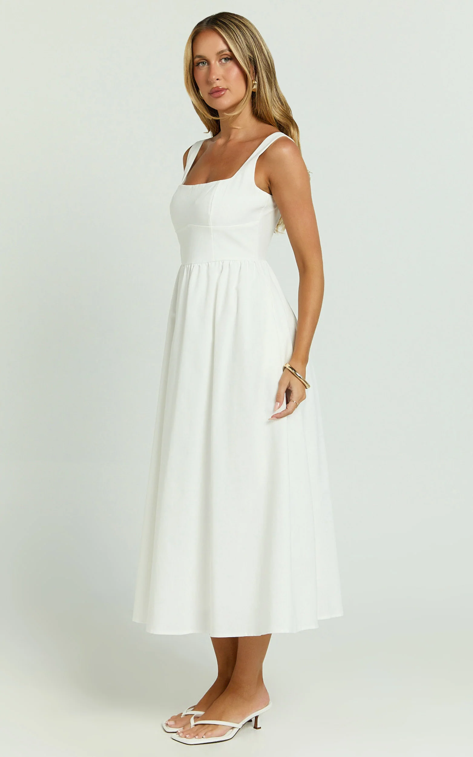 Khari Midi Dress - Linen Look Square A Line Dress in White - Image 5