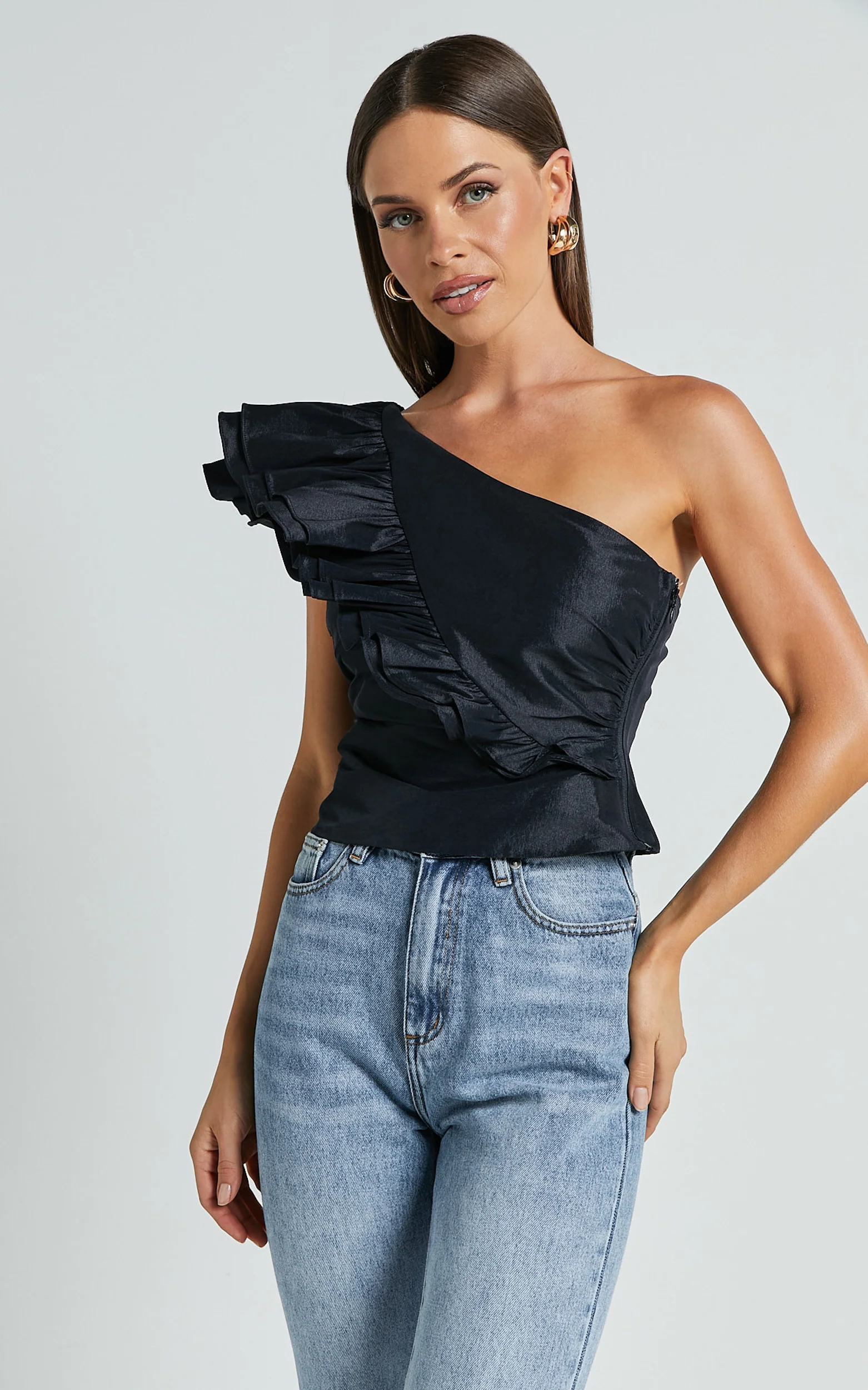Kirby Top - One Shoulder Frill Top in Black - Image 5