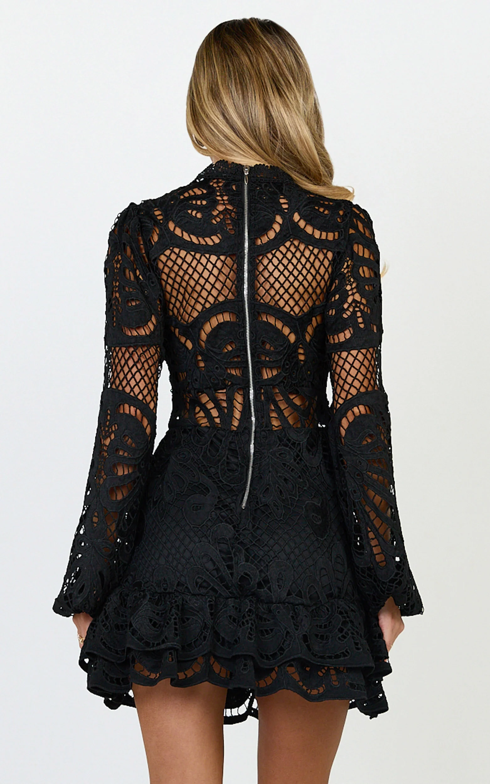 Kiss Me Now Mini Dress - Long Puff Sleeve Dress in Black Lace - Image 8