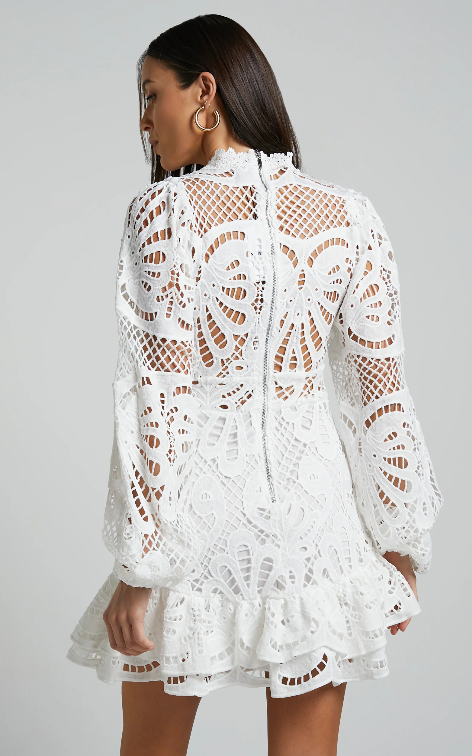 Kiss Me Now Mini Dress - Long Puff Sleeve Dress in White Lace - Image 7