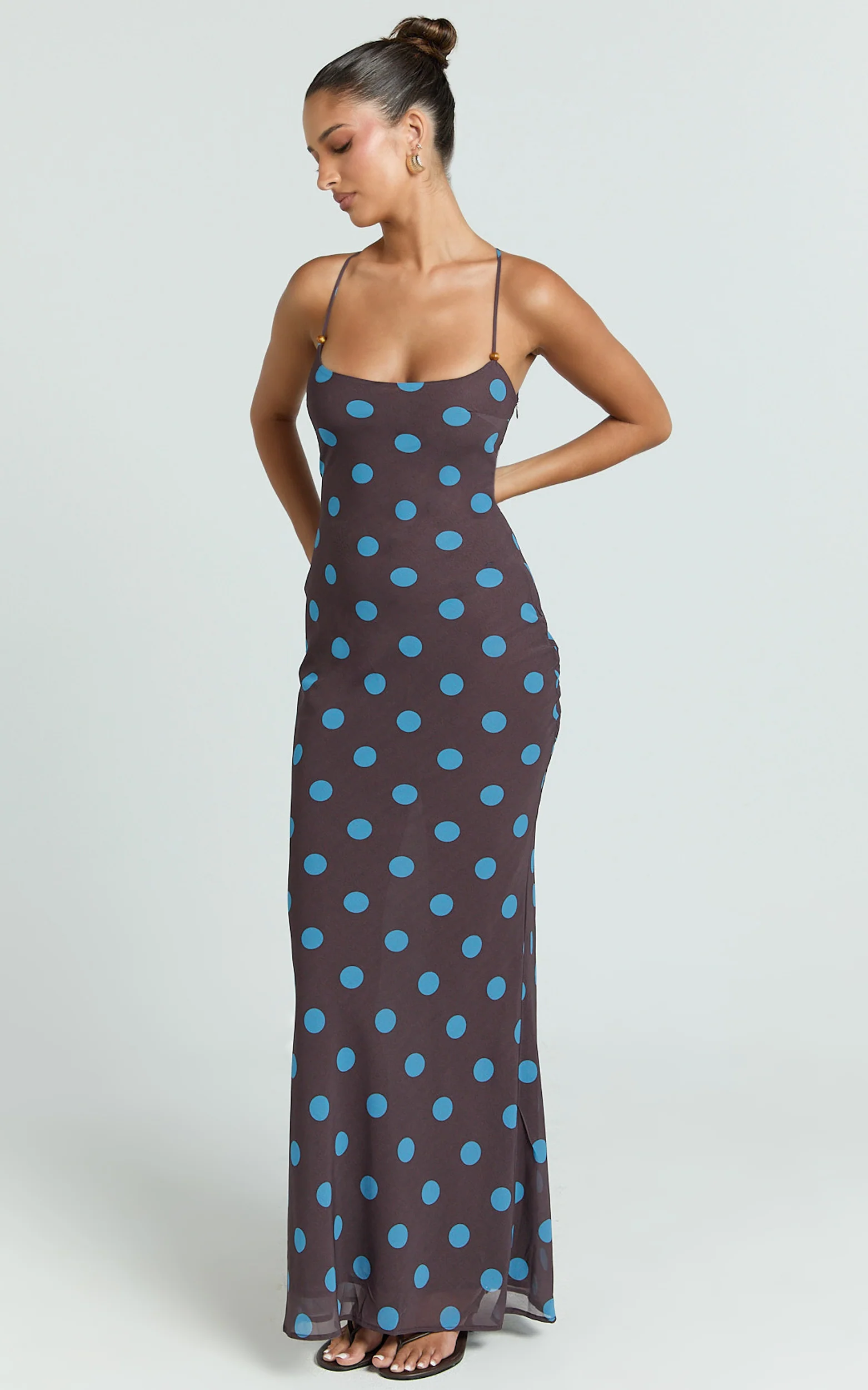Krishna Maxi Dress - Strappy Scoop Neck Floral Placement Print Georgette Dress in Polka Dot Print - Image 5