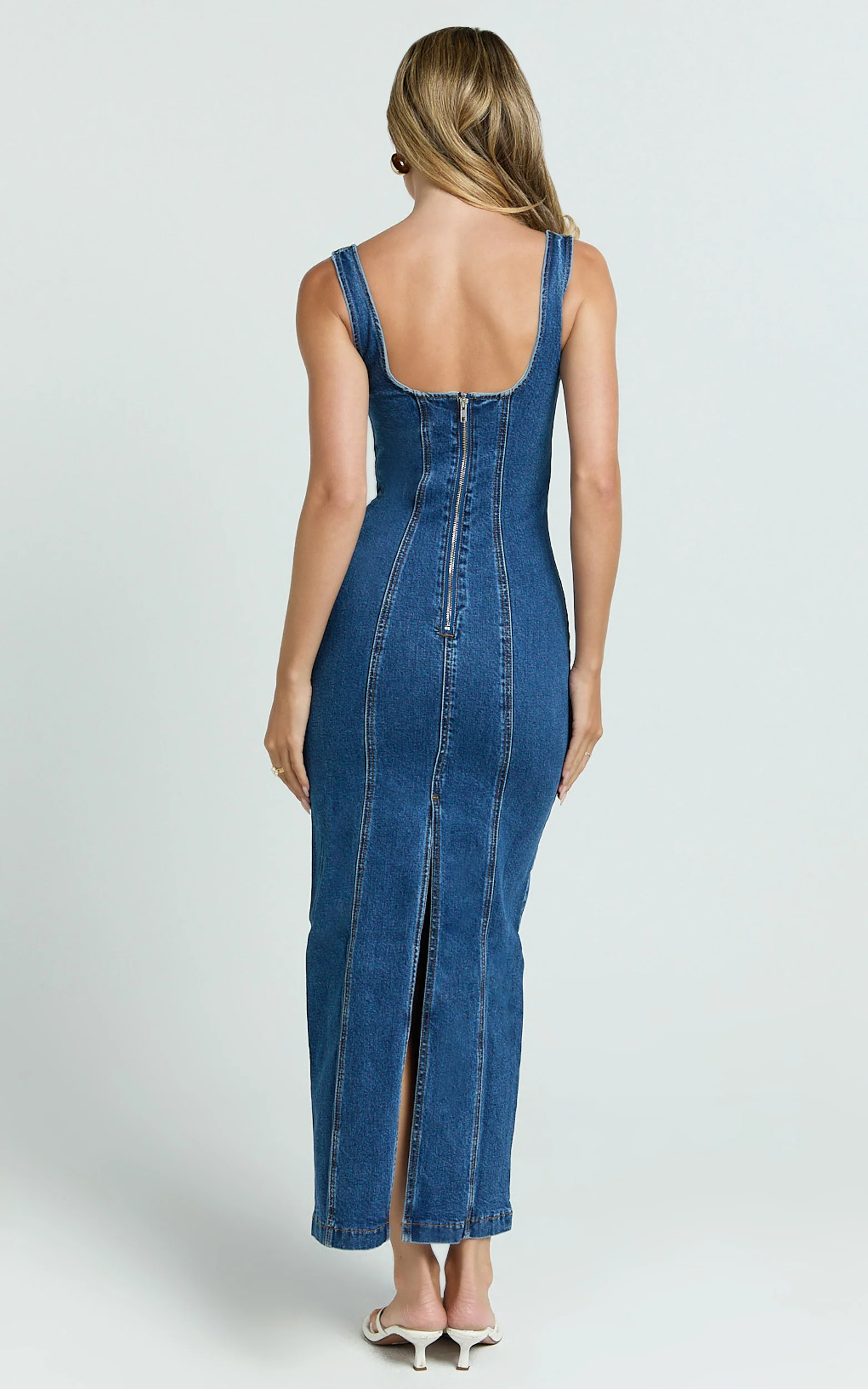 Kristie Midi Dress - Wide Neck Corset Detail Denim Dress in Dark Blue Wash - Image 6