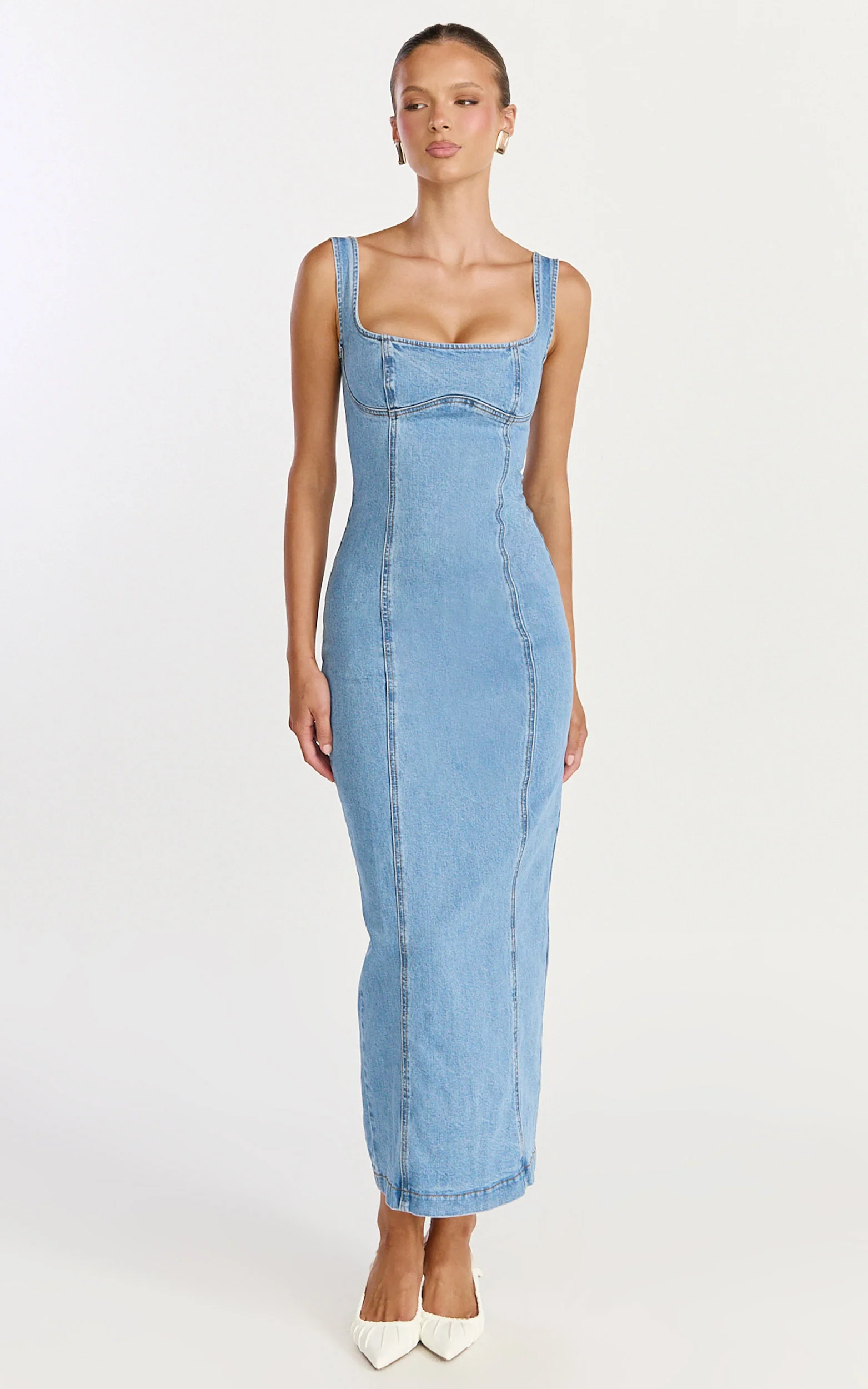 Kristie Midi Dress - Wide Neck Corset Detail Denim Dress in Light Mid Blue - Image 4
