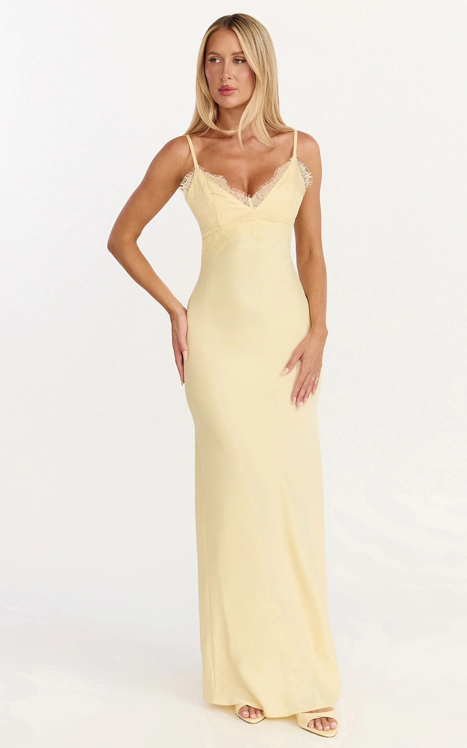 Kyra Maxi Dress - Lace Bust And Tie Back Satin Dress in Lemon - Image 3