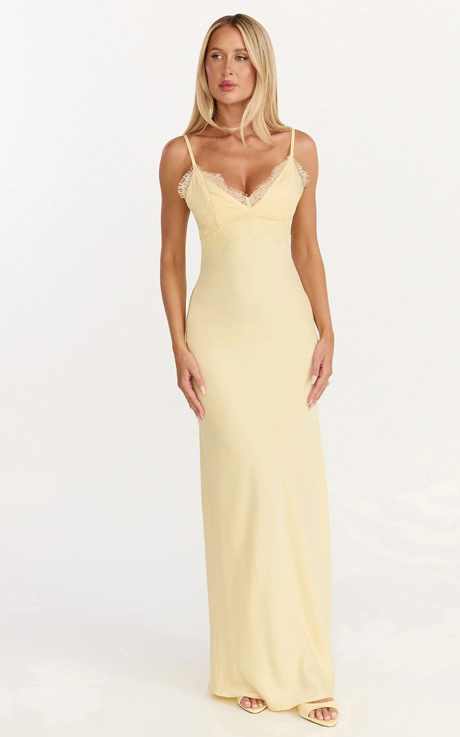 Kyra Maxi Dress - Lace Bust And Tie Back Satin Dress in Lemon - Image 4