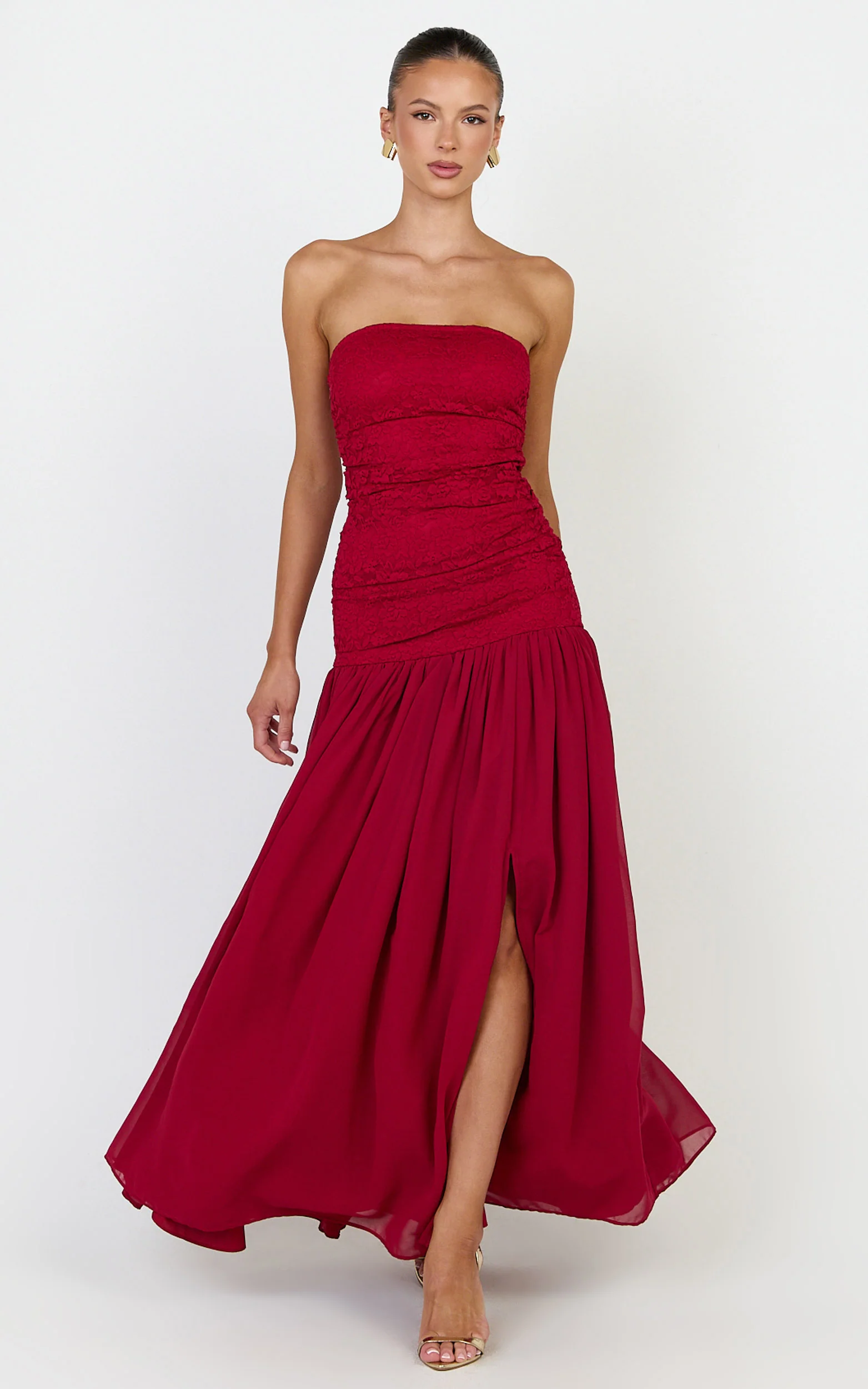 Kyra Maxi Dress - Strapless Lace Bodice Contrast Skirt Dress in Wine - Image 3