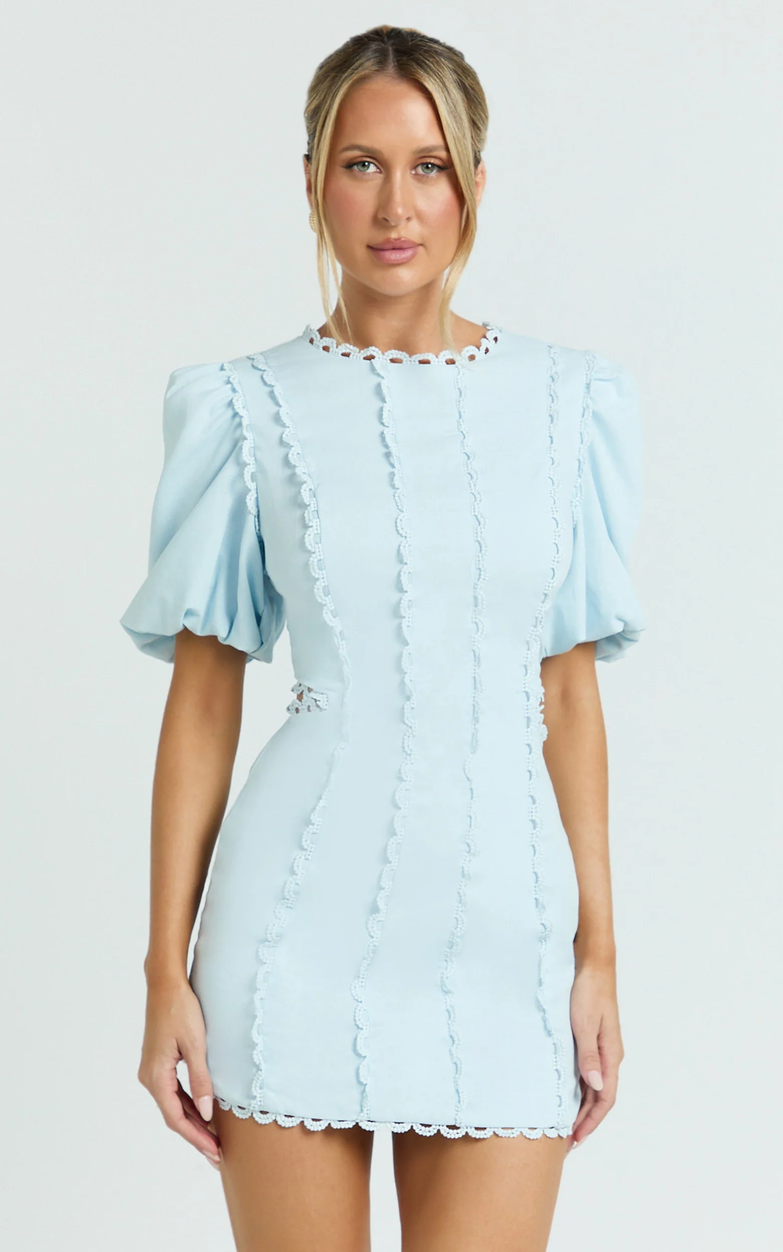 Laila Mini Linen Blend Dress - High Neck Side Cut Out Puff Sleeve Straight Dress in Blue