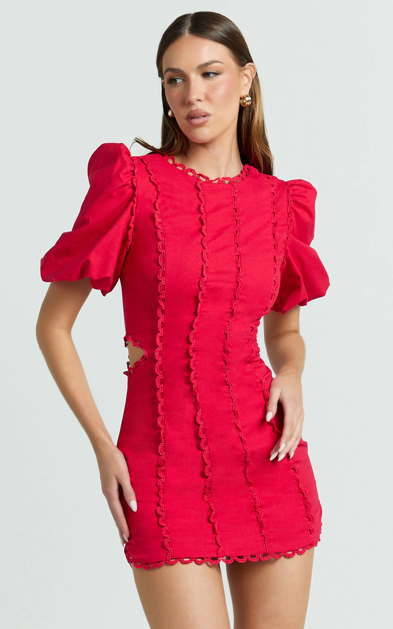 Laila Mini Linen Blend Dress - High Neck Side Cut Out Puff Sleeve Straight Dress in Red - Image 6
