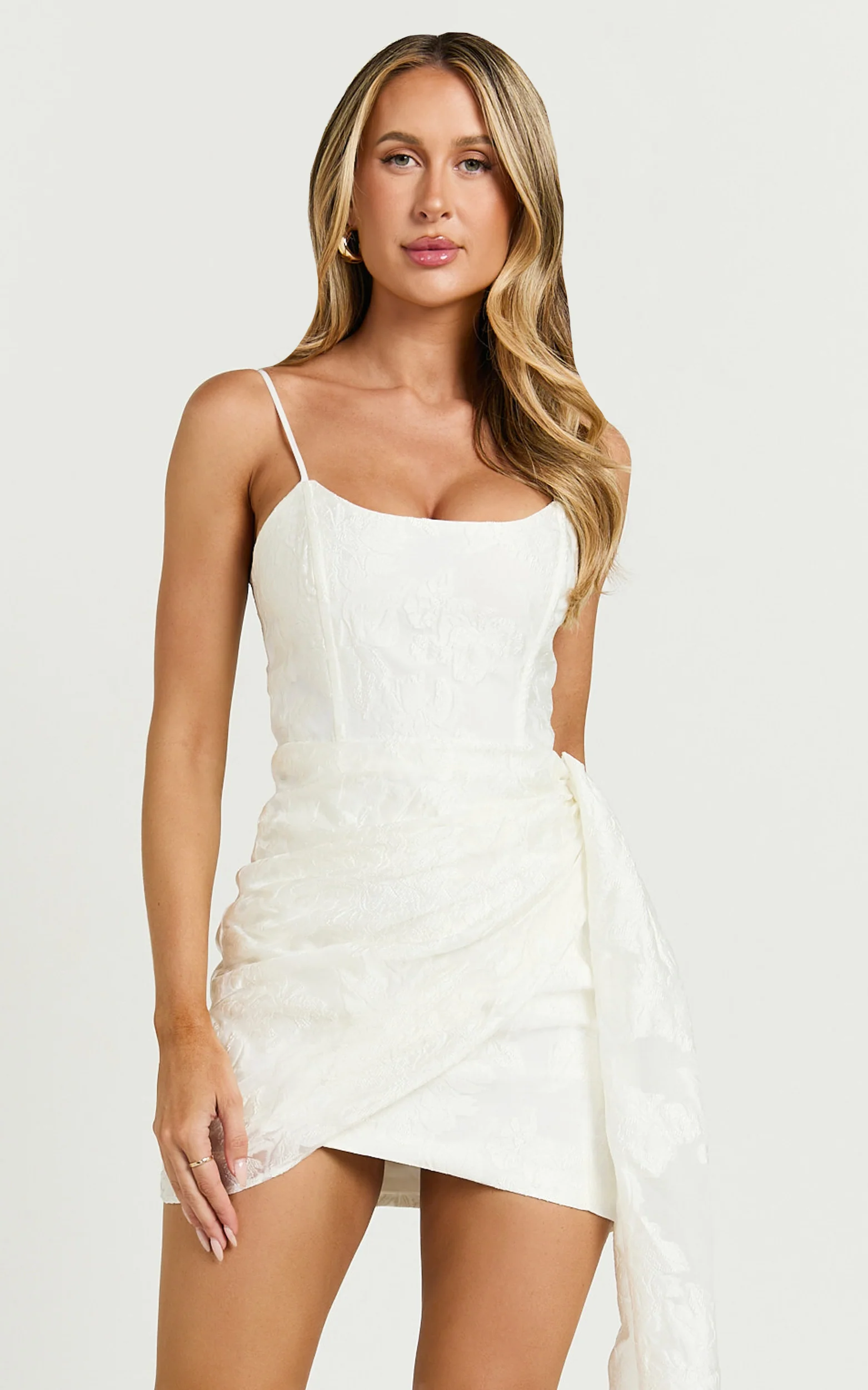 Laine Mini Dress - Jacquard Draped Dress in White - Image 2