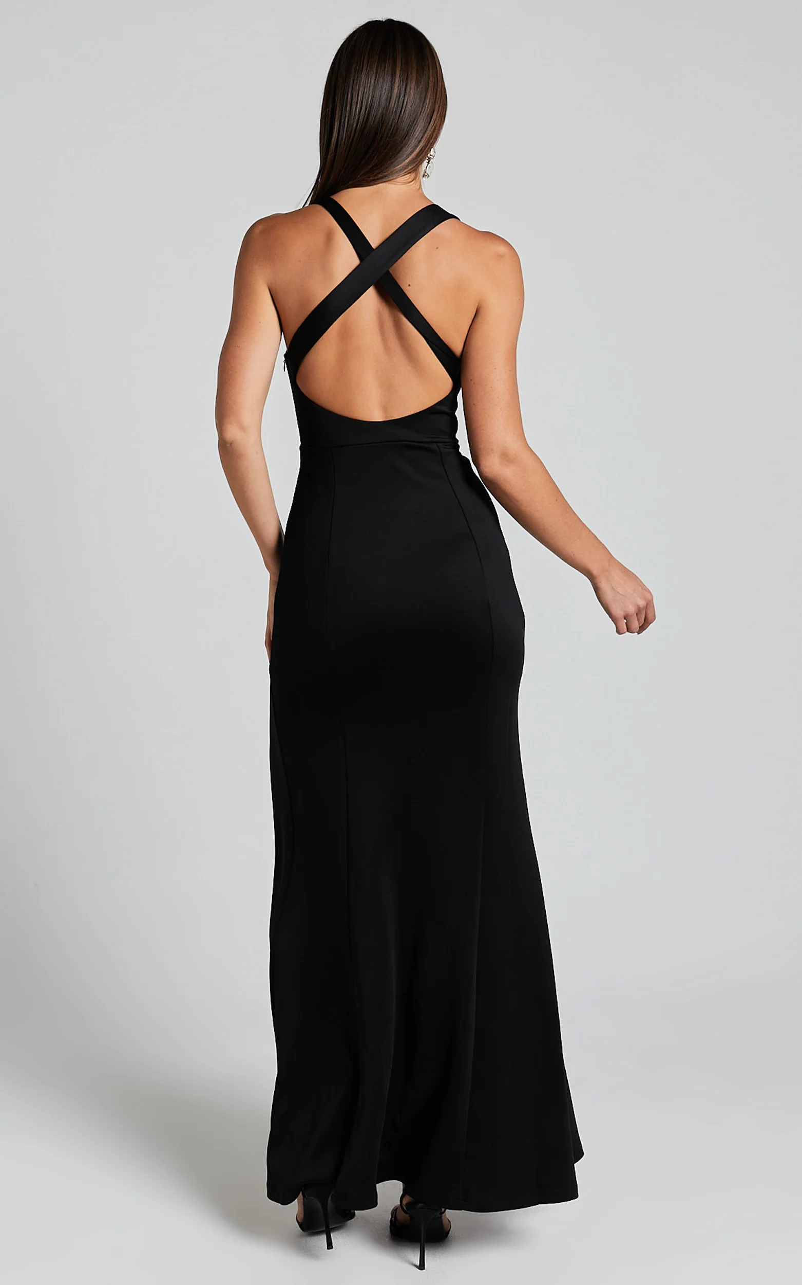Lainie Maxi Dress - Straight Neck Thigh Split Cross Back in Black - Image 6