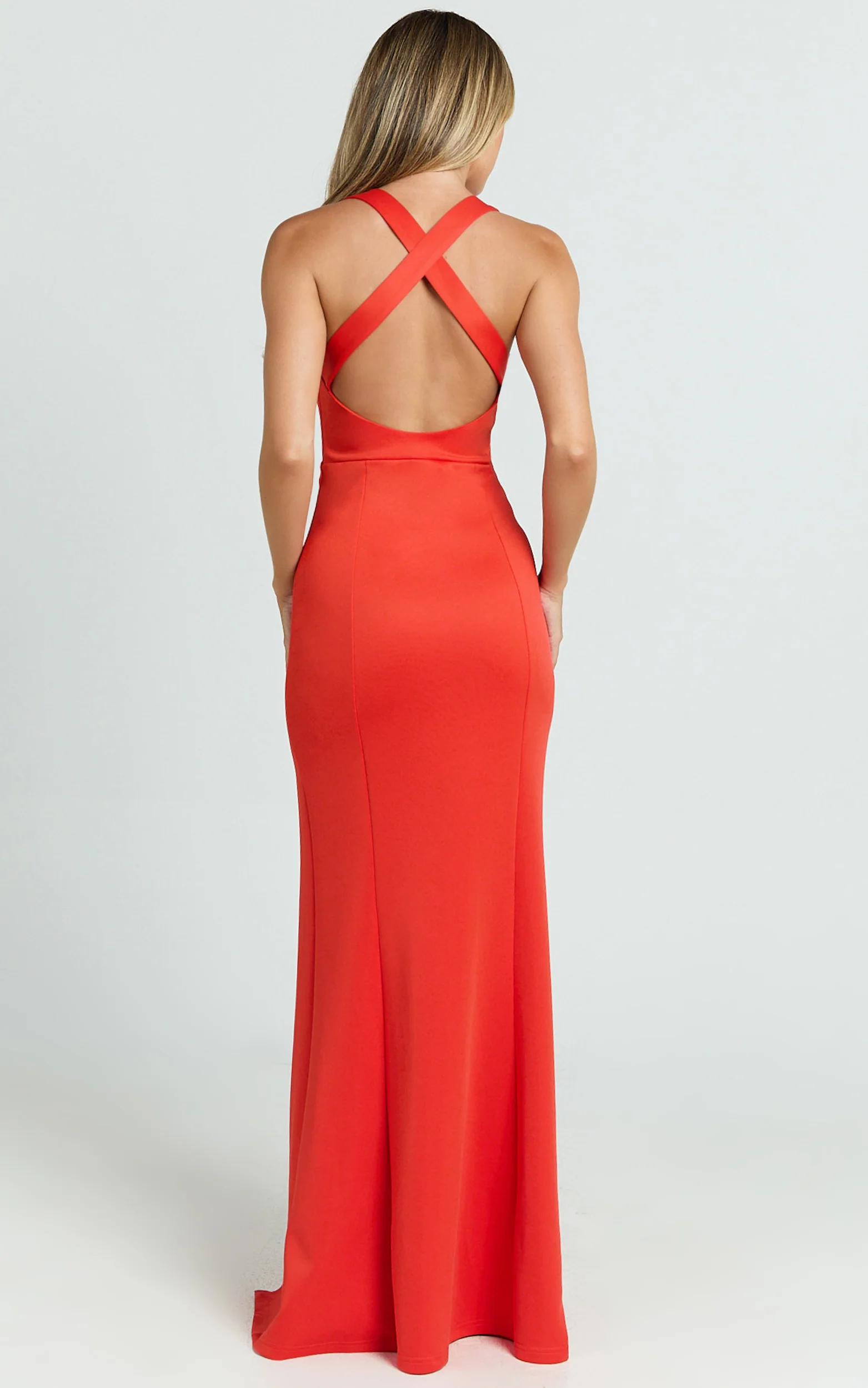 Lainie Maxi Dress - Straight Neck Thigh Split Cross Back in Orange - Image 6
