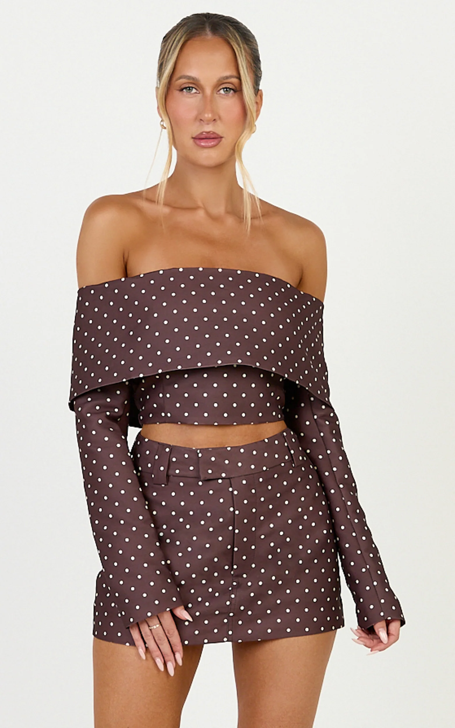 Lana Mini Skirt - Structured Tailored Skirt in Chocolate/Cream Polka Dot - Image 3
