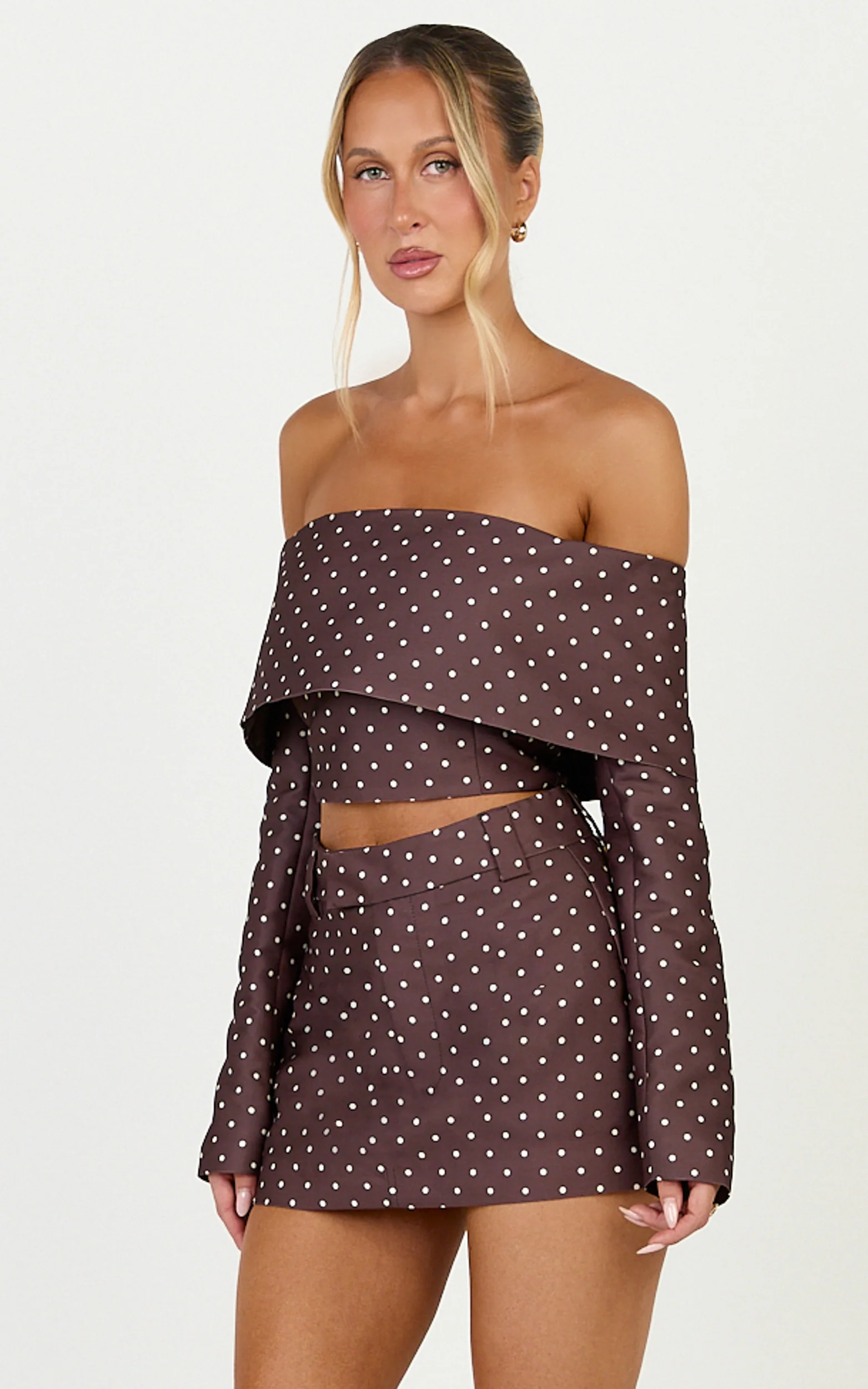 Lana Mini Skirt - Structured Tailored Skirt in Chocolate/Cream Polka Dot - Image 4