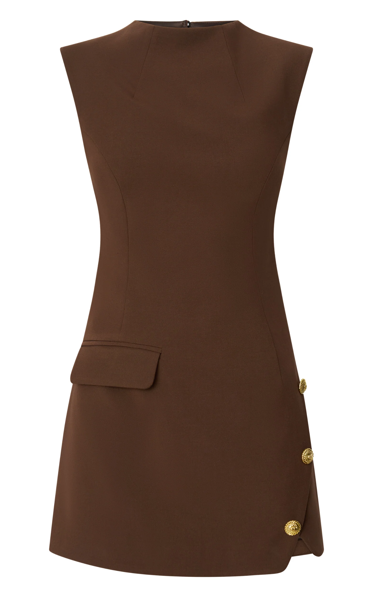 Langley Mini Dress - Sleeveless High Neck Faux Wrap Tulip Dress in Brown - Image 11
