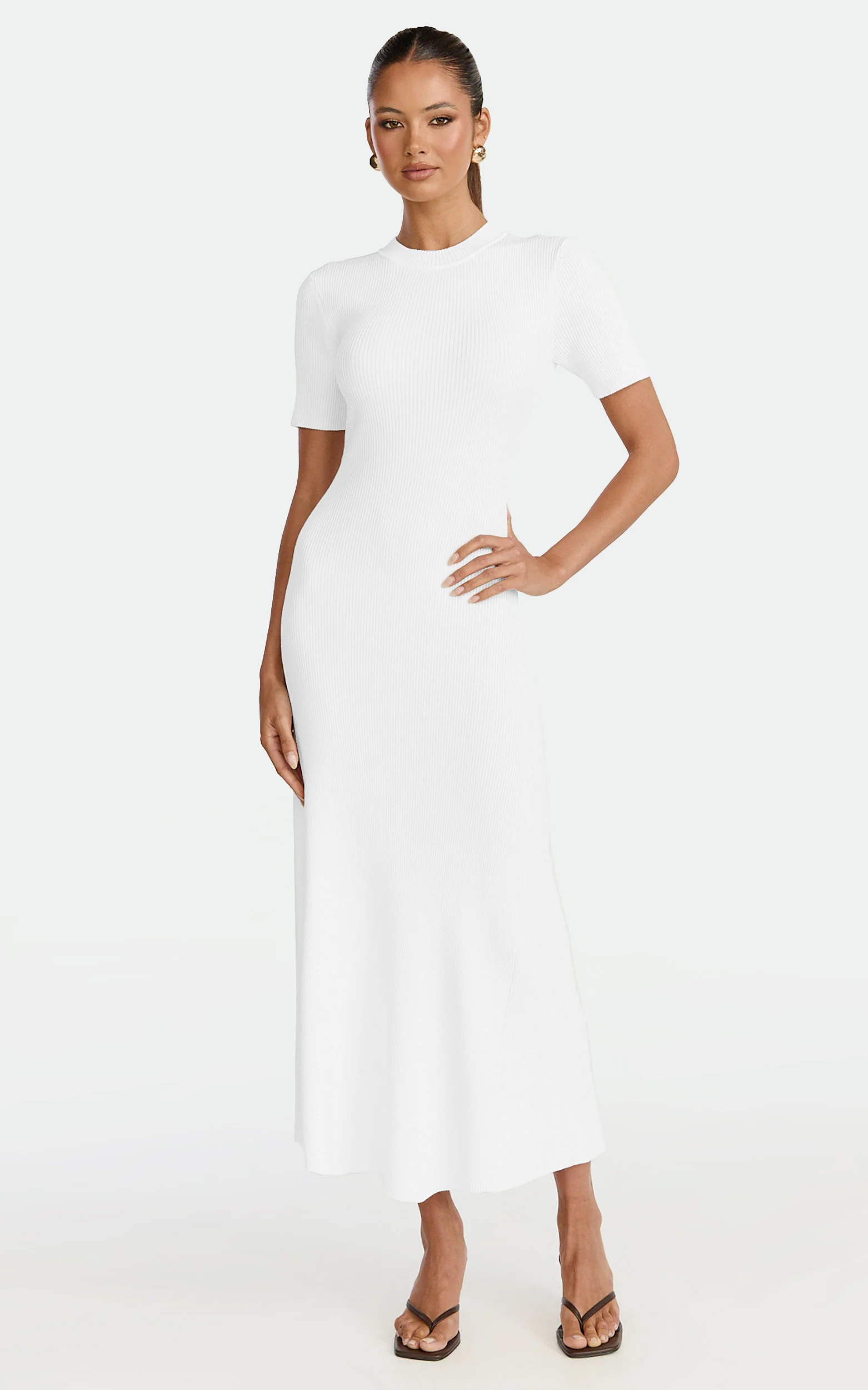 Lanie Midi Dress - Knitted Crew Neck Short Sleeve Dress in Cream - Image 5