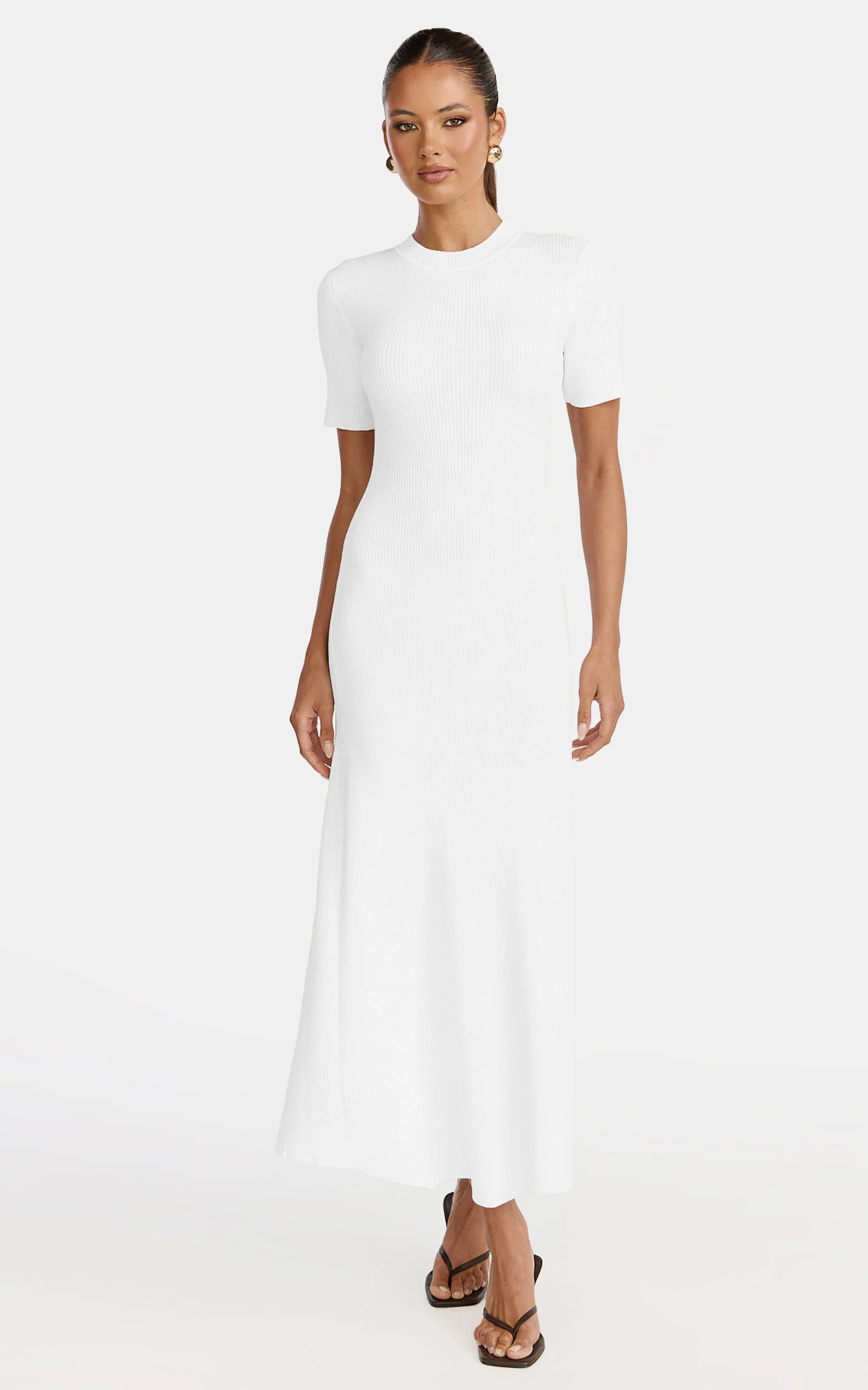 Lanie Midi Dress - Knitted Crew Neck Short Sleeve Dress in Cream - Image 7