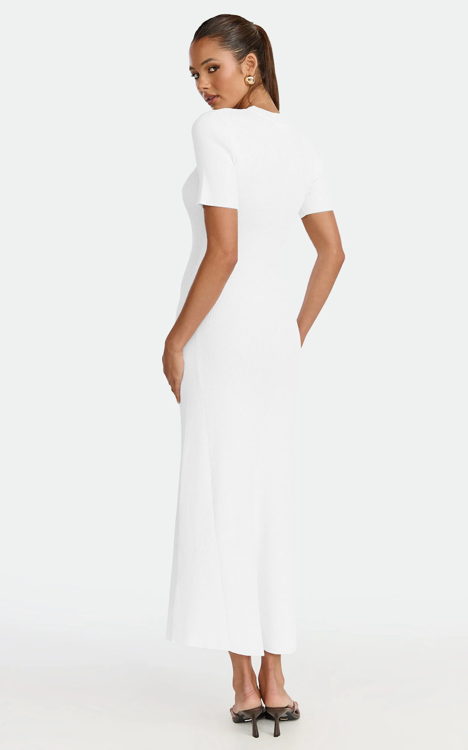 Lanie Midi Dress - Knitted Crew Neck Short Sleeve Dress in Cream - Image 8
