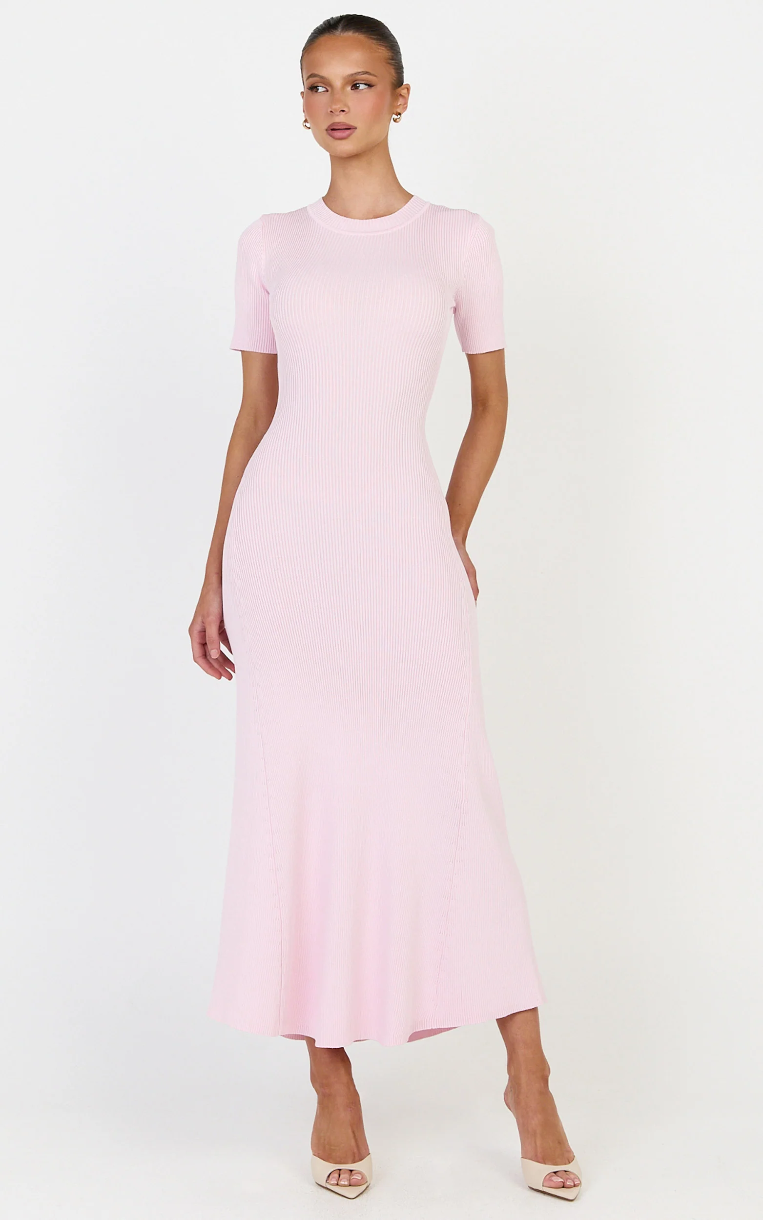 Lanie Midi Dress - Knitted Crew Neck Short Sleeve Dress in Pink - Image 4