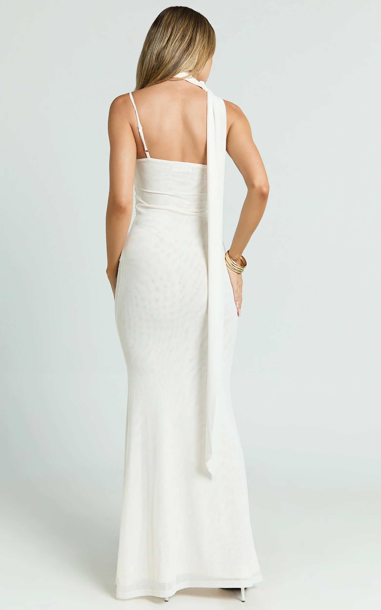 Larson Maxi Dress - Asymmetric Tie Neck Column Dress in Cream - Image 5