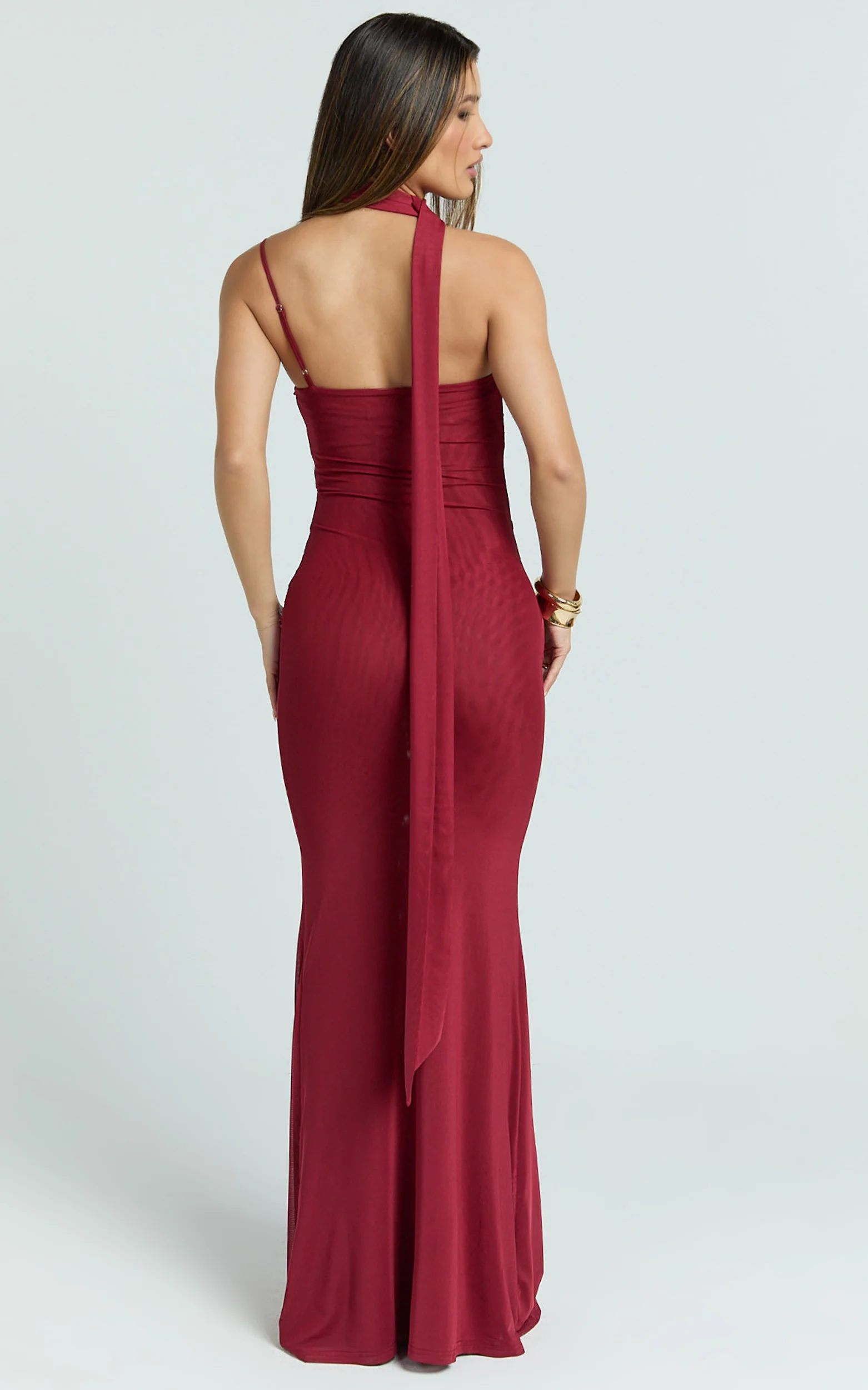 Larson Maxi Dress - Asymmetric Tie Neck Column Dress in Wine - Image 6