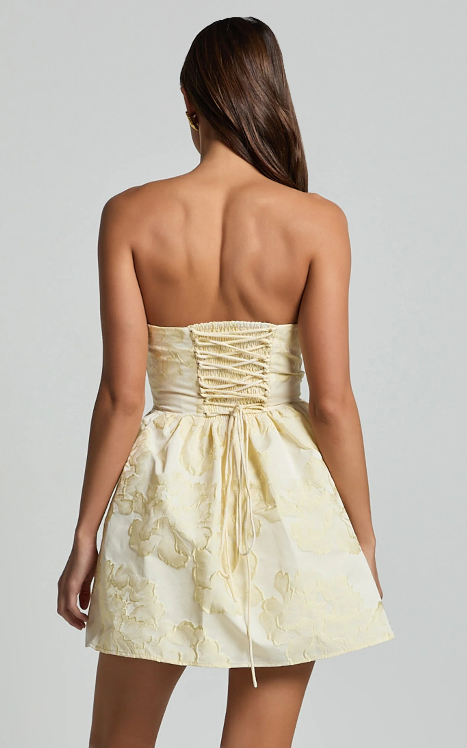 Laure Mini Dress - Strapless Jacquard Dress in Lemon - Image 2