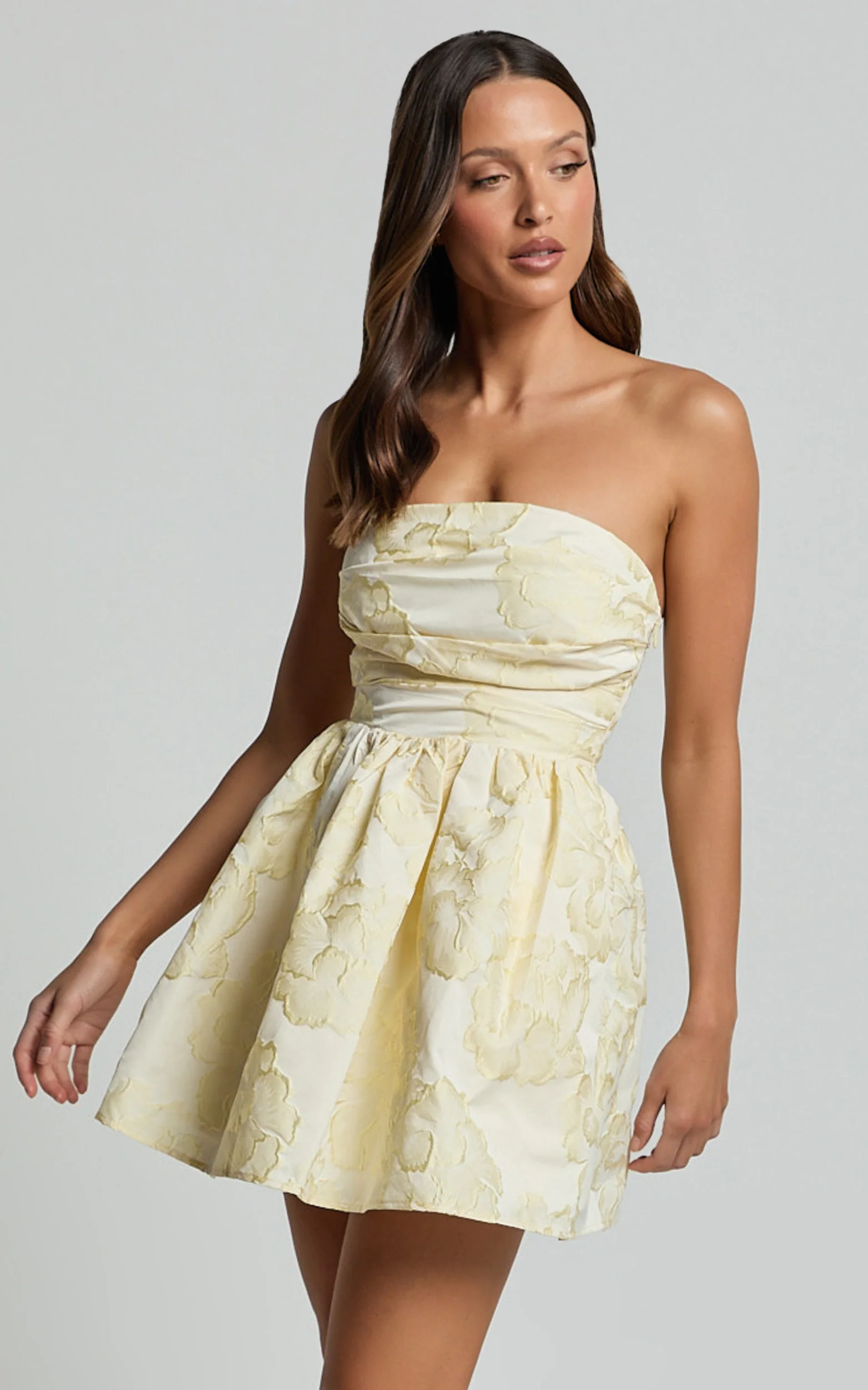 Laure Mini Dress - Strapless Jacquard Dress in Lemon - Image 7