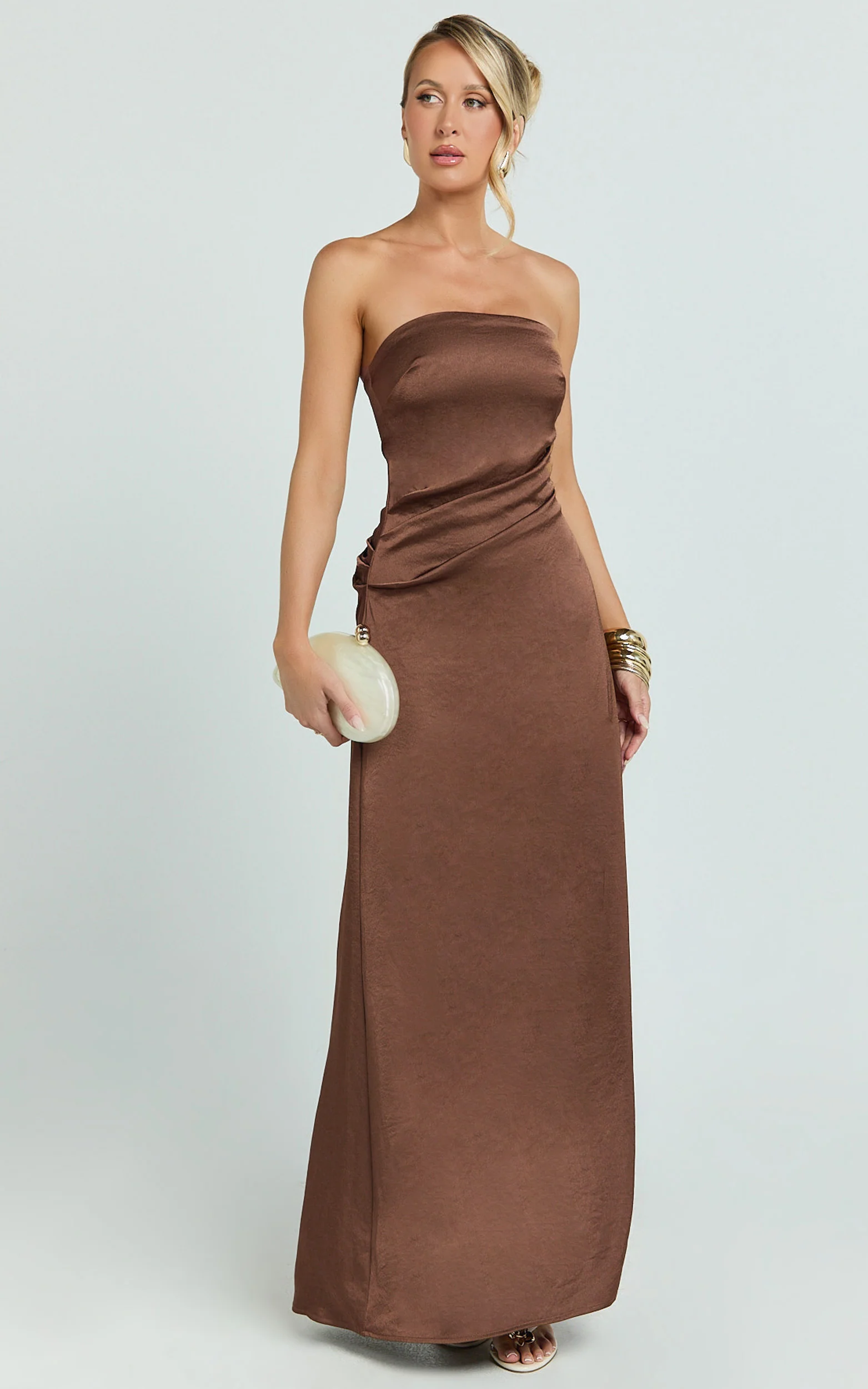 Laurie Maxi Dress - Strapless Draped Satin Dress in Chocolate - Image 5