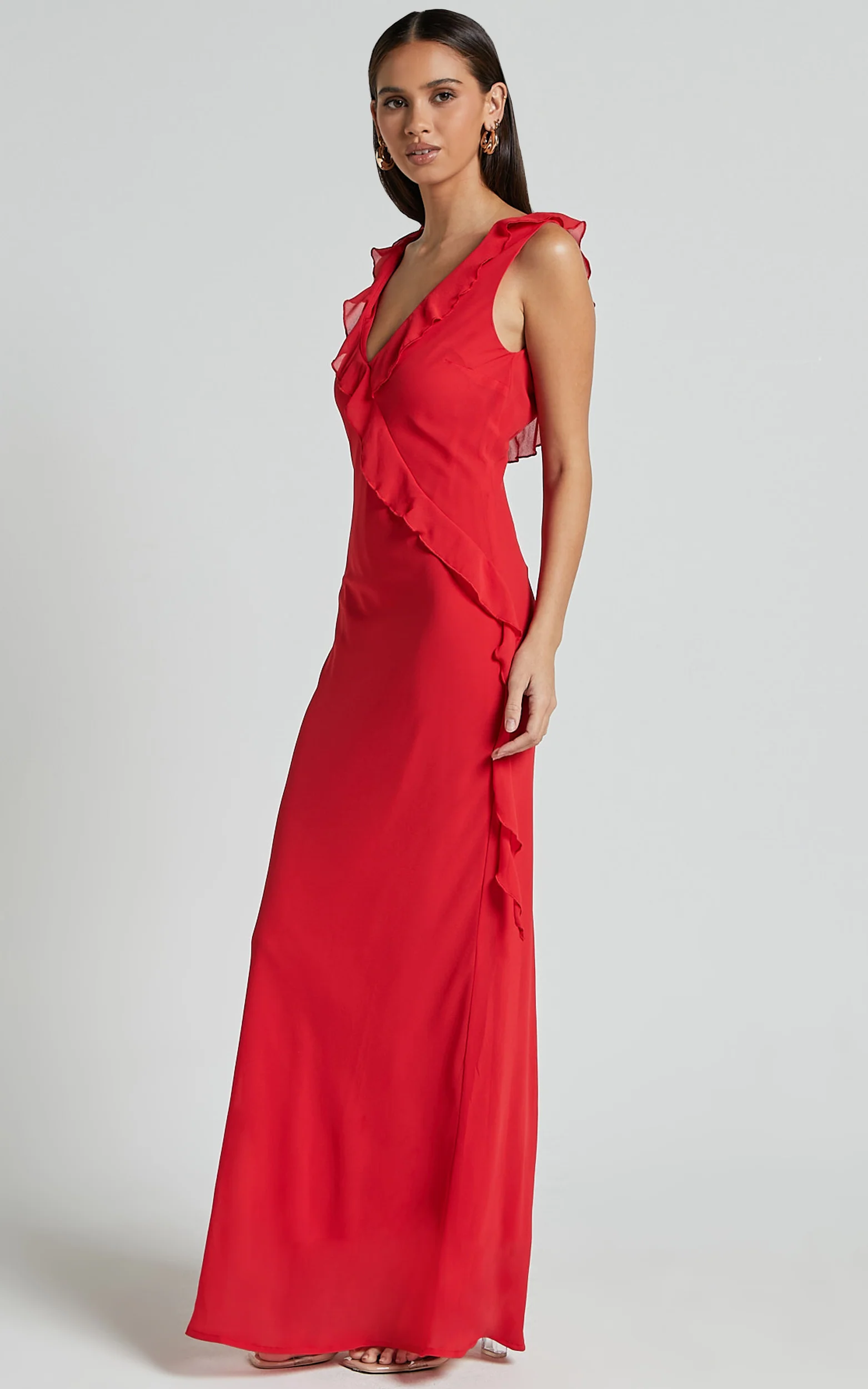 Laurie Midi Dress - Plunge Frill Detail Slip Dress in Red - Image 2