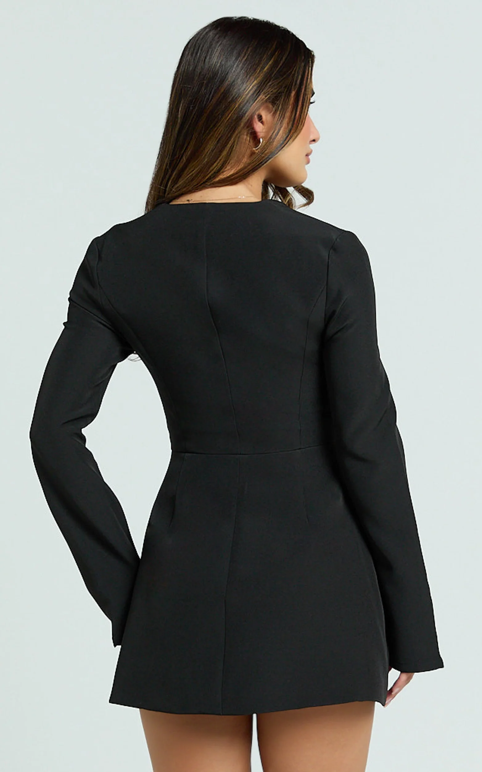 Lausanne Mini Dress - Sweetheart Neck Long Sleeve Zip Front Tulip Dress in Black - Image 6