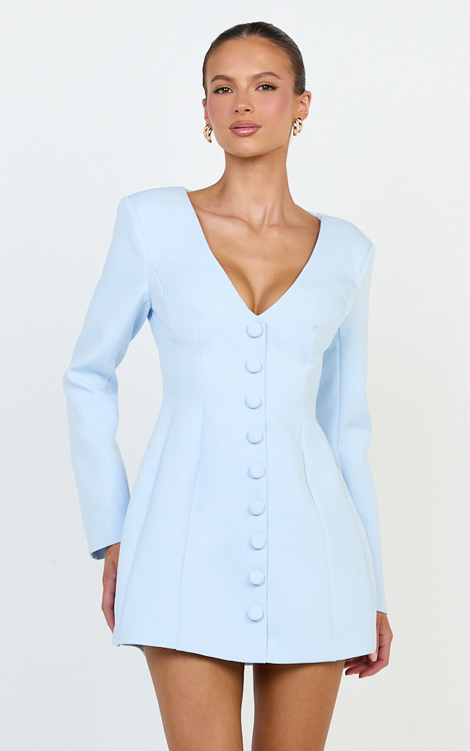 Lavender Mini Dress - Wide Neck Button Down Blazer Dress in Baby Blue - Image 3