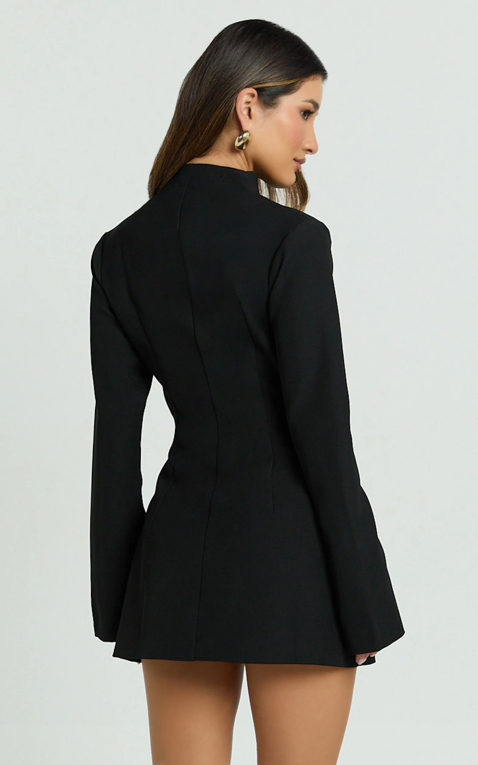 Layton Mini Dress - V Neck Long Sleeve Button Front Tulip Skirt Dress in Black - Image 7