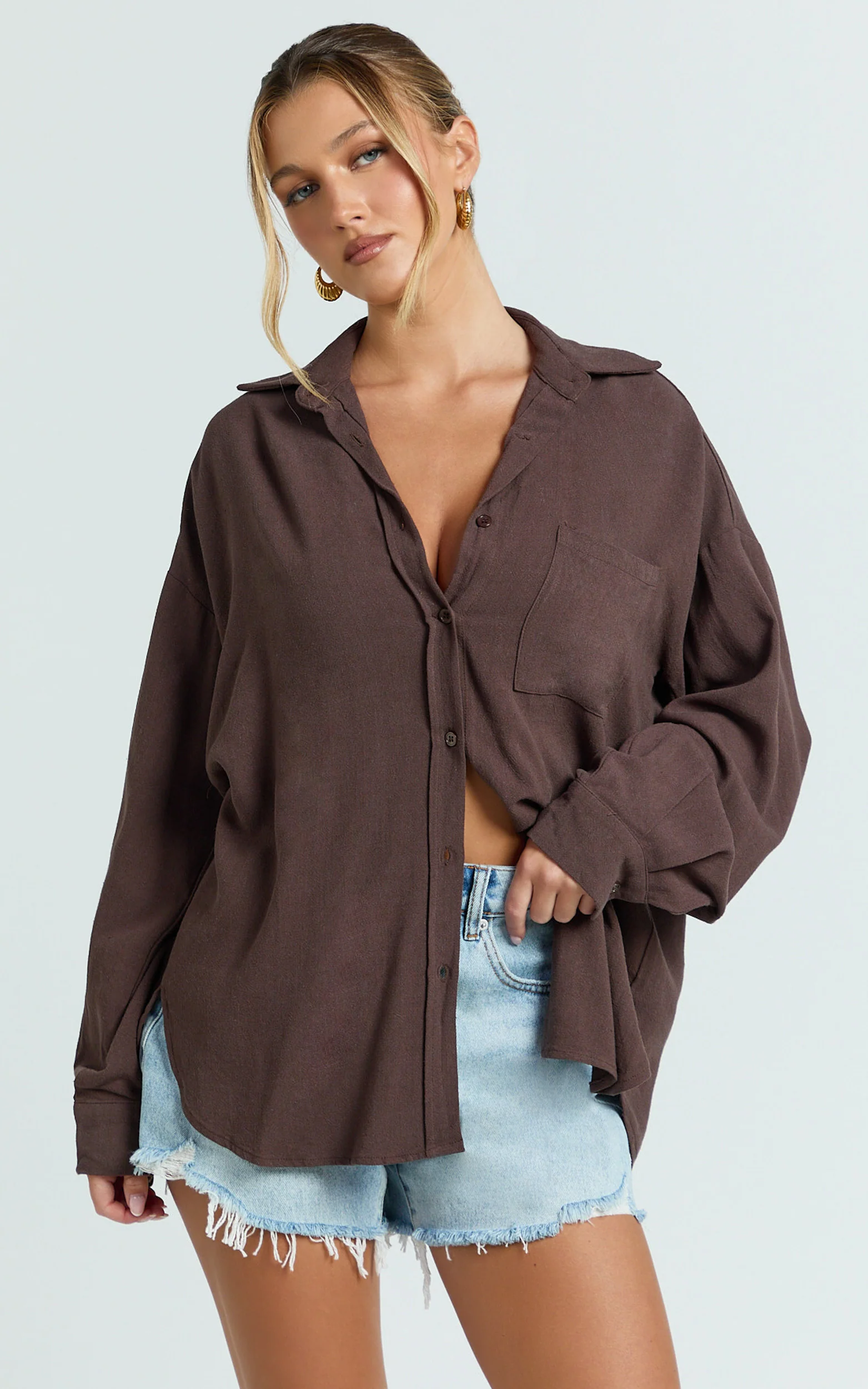 Leanne Top - Button Down Linen Blend Long Sleeve Shirt in Chocolate - Image 4
