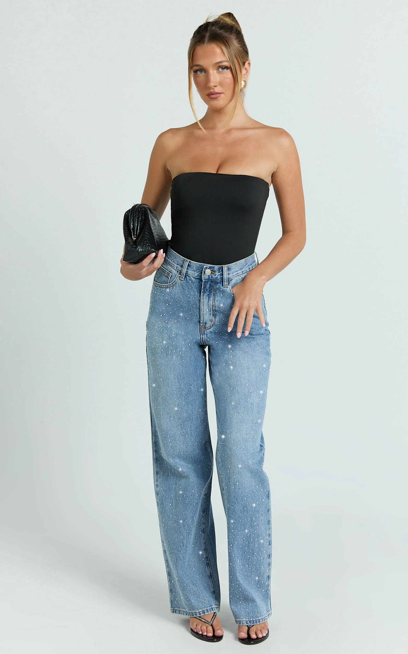 Leauna Jeans - Rhinestone Embellished High Waist Wide Leg Jeans in Mid Blue Wash - Image 3