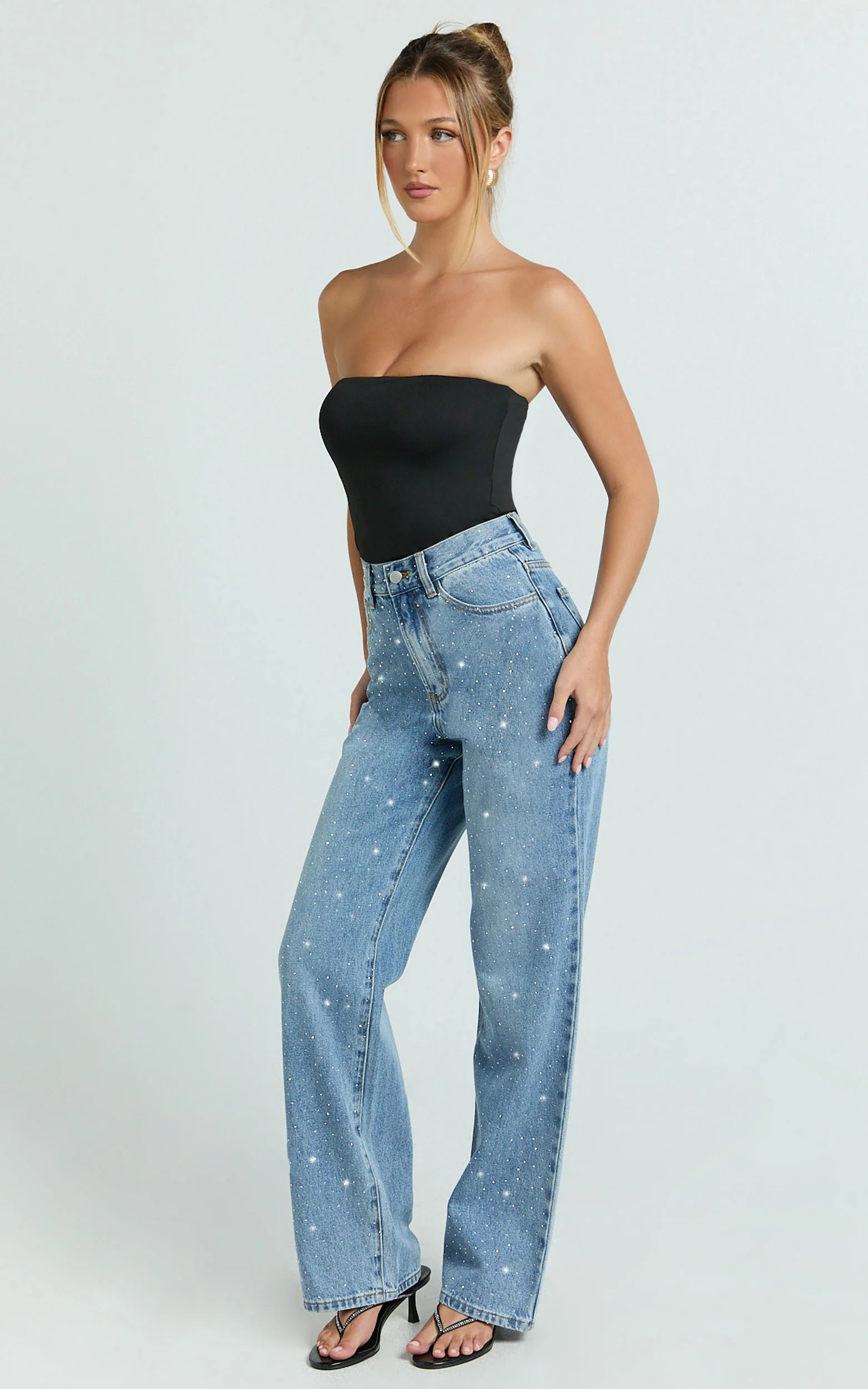 Leauna Jeans - Rhinestone Embellished High Waist Wide Leg Jeans in Mid Blue Wash - Image 5