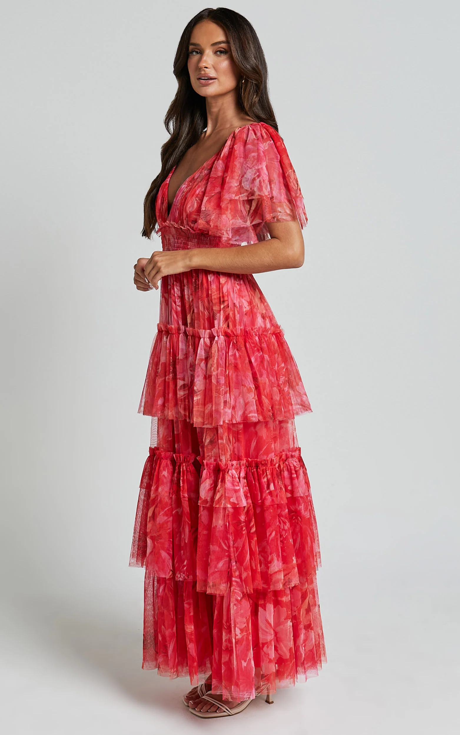 Leianna Midi Dress - Tulle Flutter Sleeve Tiered Ruffle Dress in Sunset Floral - Image 5