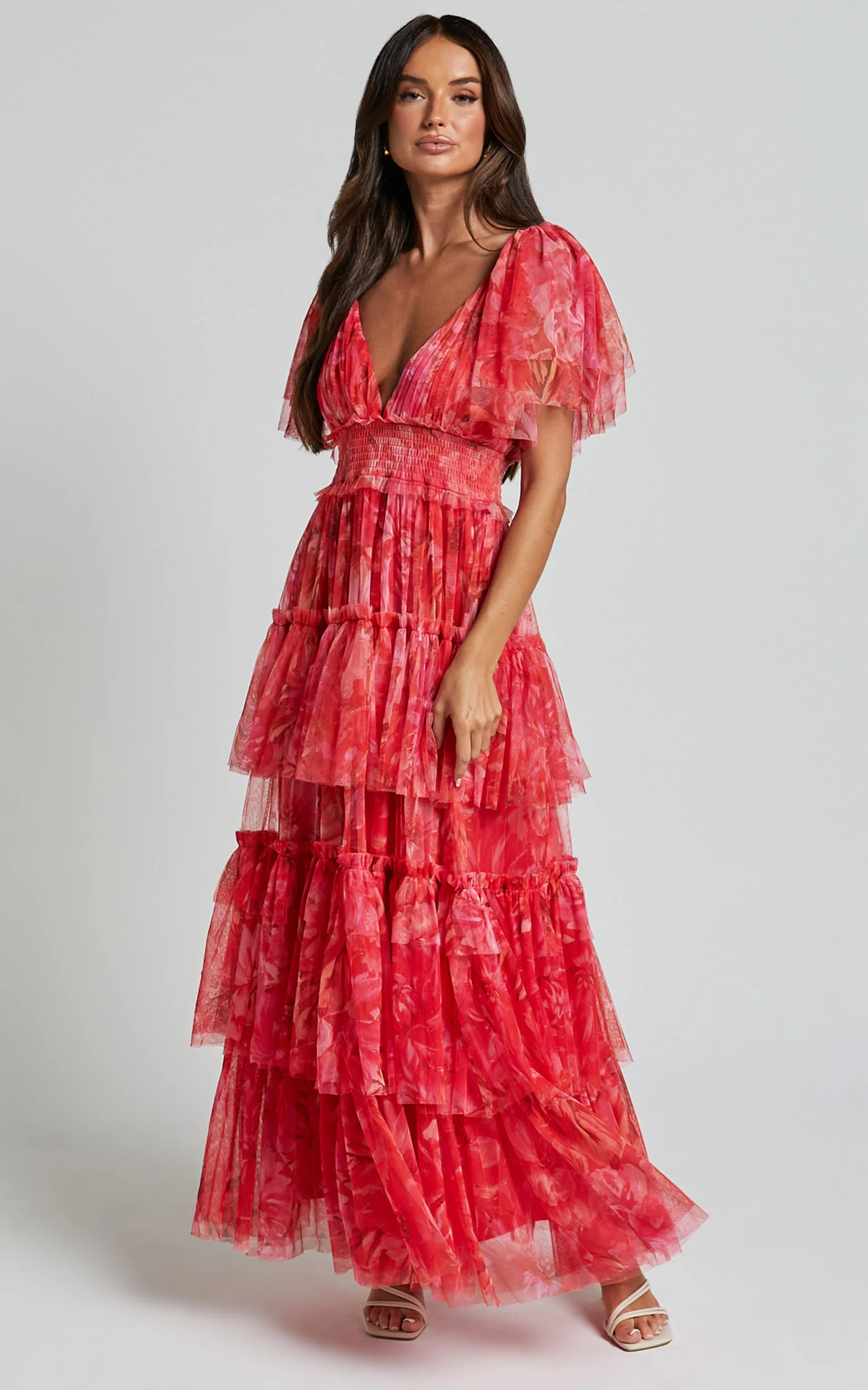 Leianna Midi Dress - Tulle Flutter Sleeve Tiered Ruffle Dress in Sunset Floral - Image 7