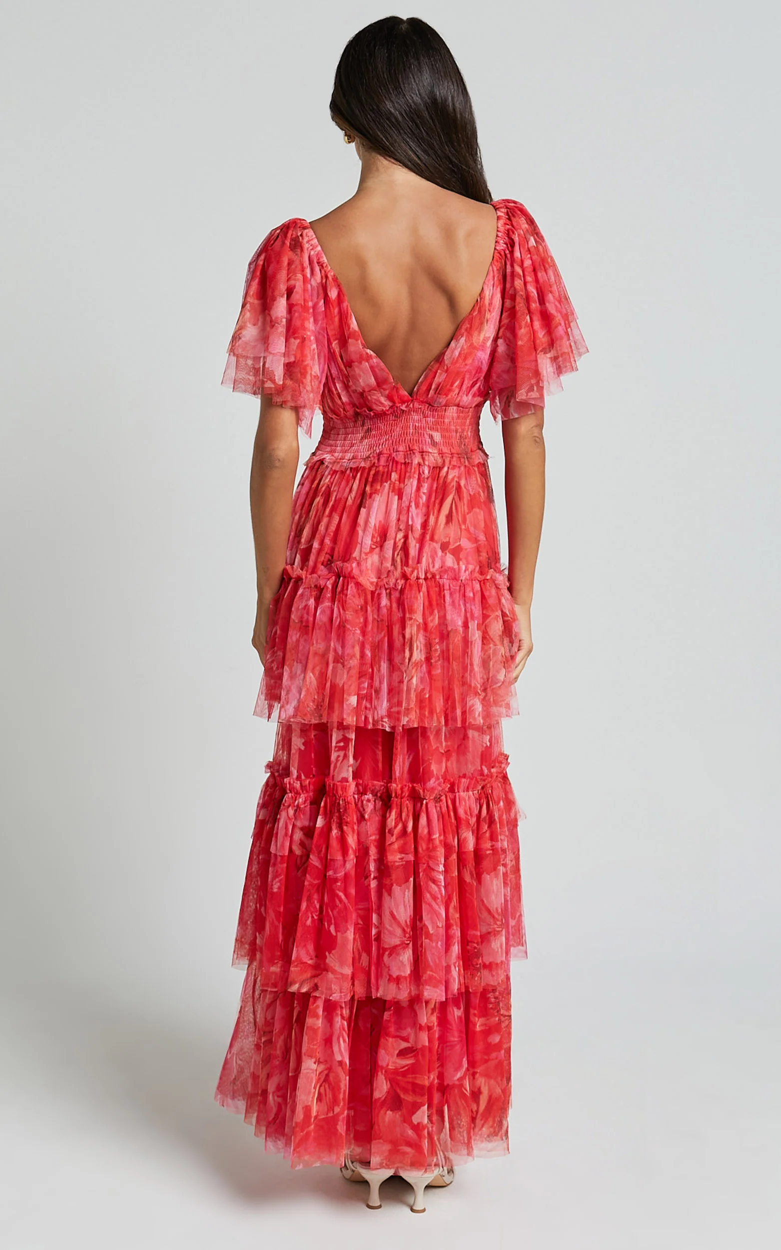 Leianna Midi Dress - Tulle Flutter Sleeve Tiered Ruffle Dress in Sunset Floral - Image 8