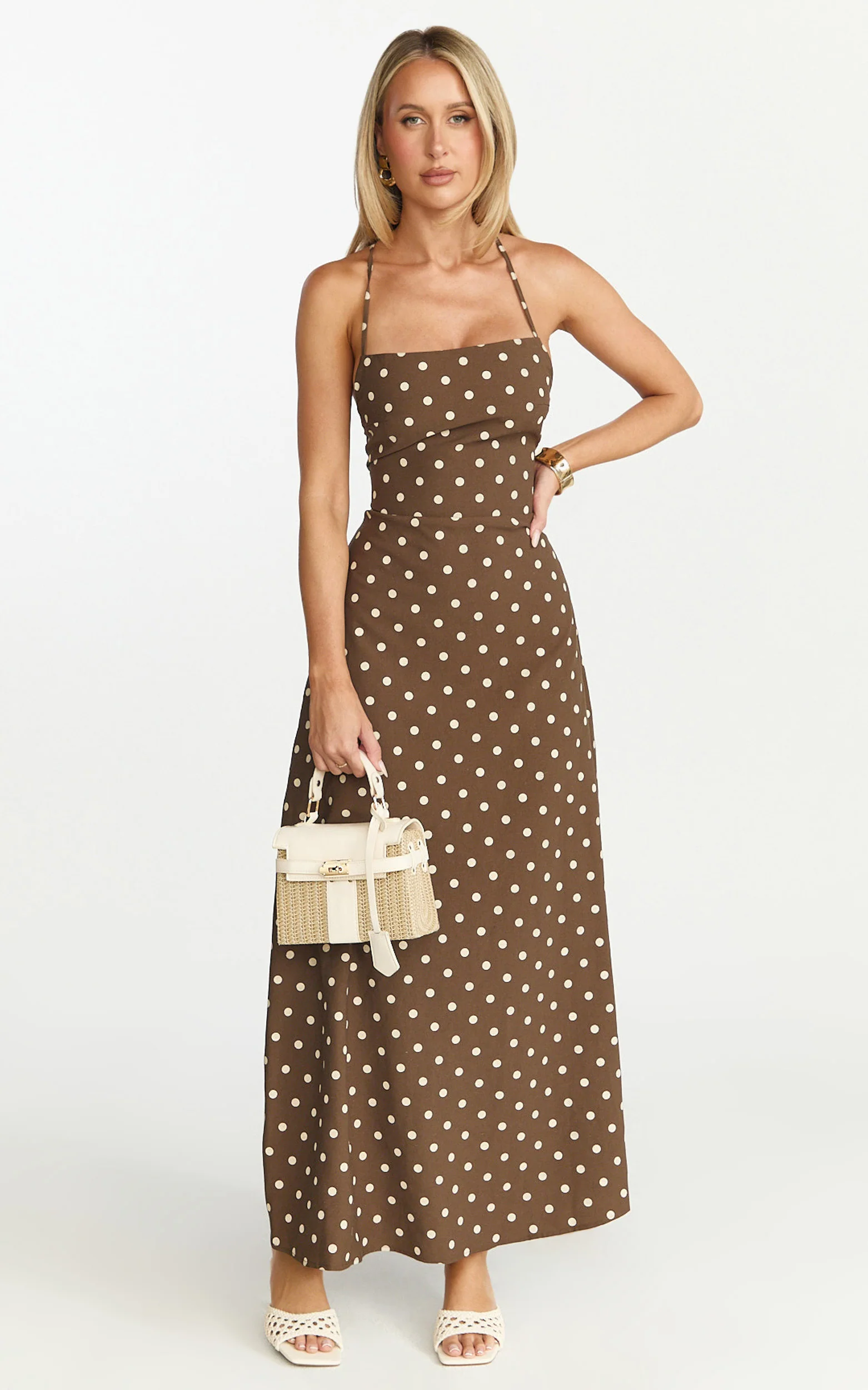 Leighton Midi Dress - Cross Over Spaghetti Straps Square Neck A Line Dress in Choc/Cream Polka Dot - Image 3