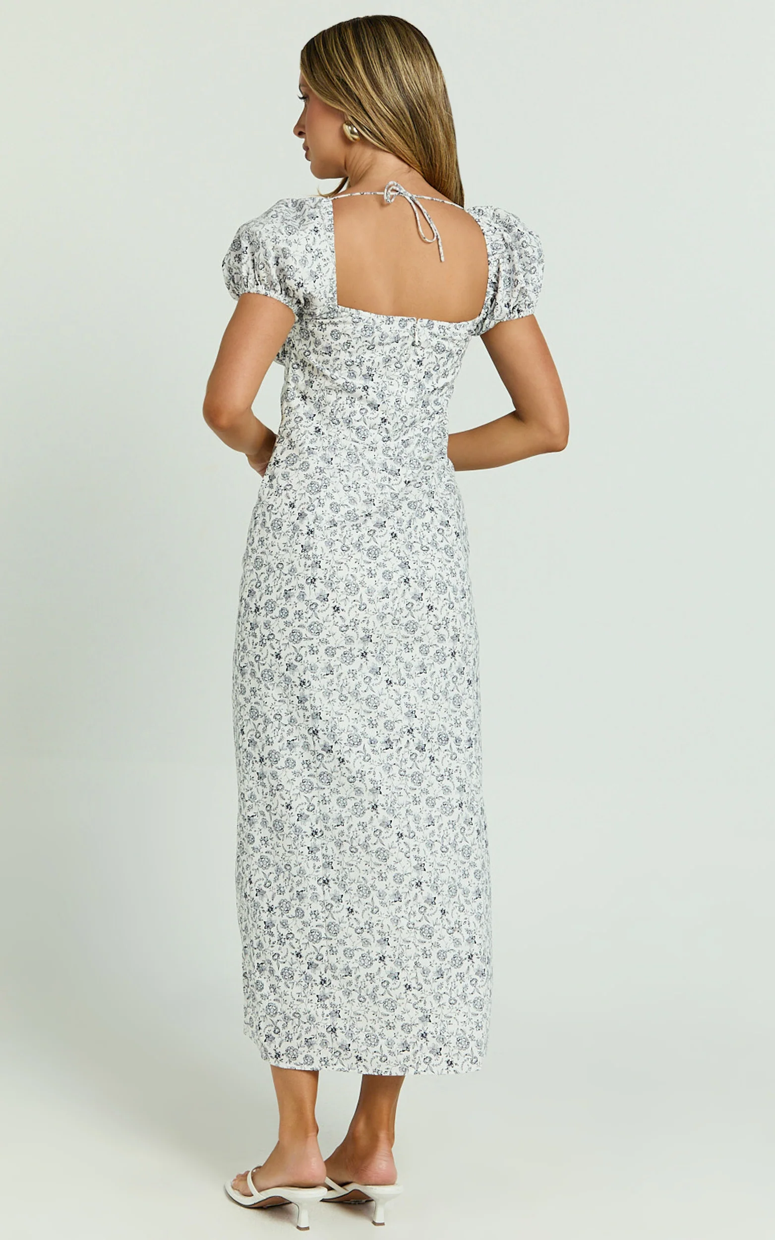 Leila Midi Dress - Puff Sleeve High Split Dress in White/Blue - Image 5